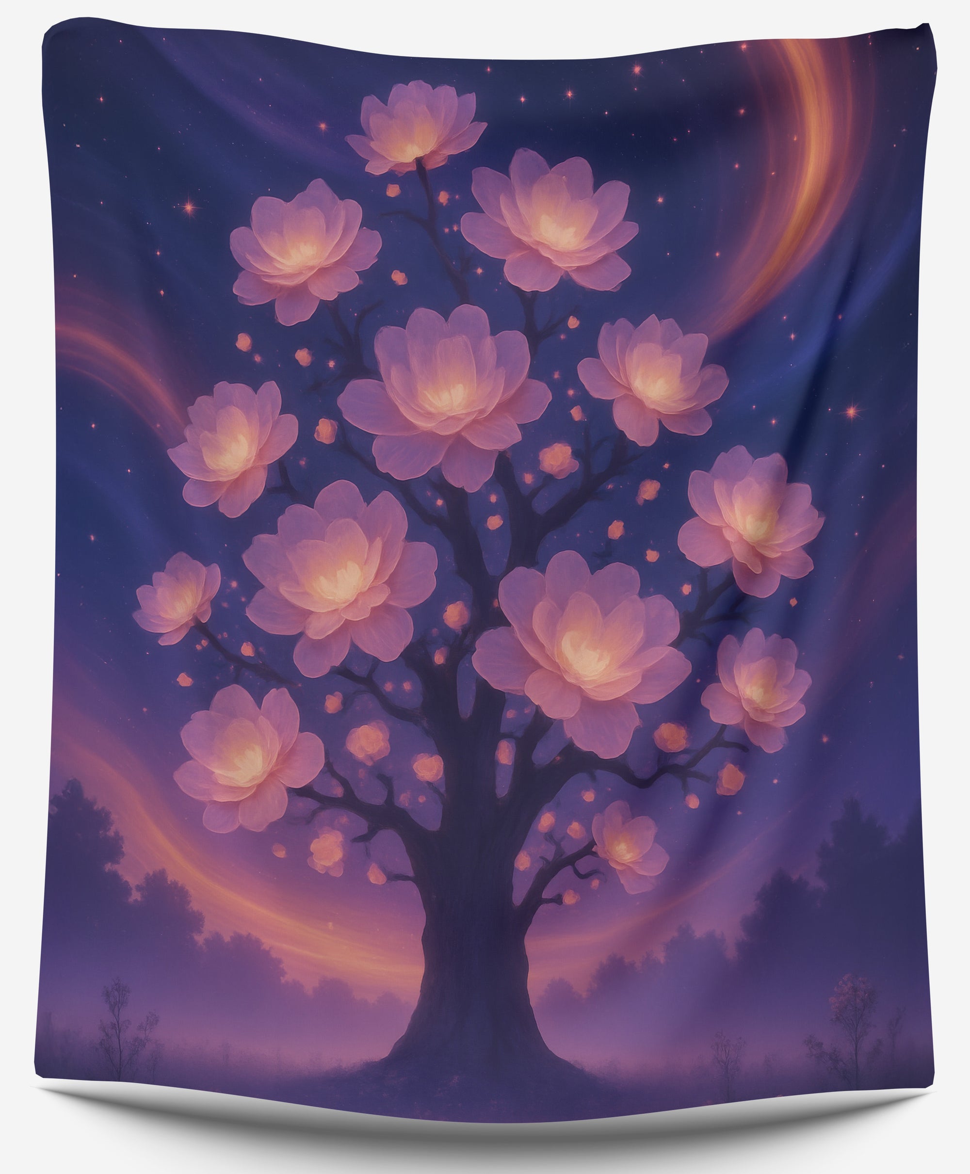 Glowing pink flower tree under purple galaxy sky, dreamy fantasy dorm tapestry for celestial room decor by CollegeWares.