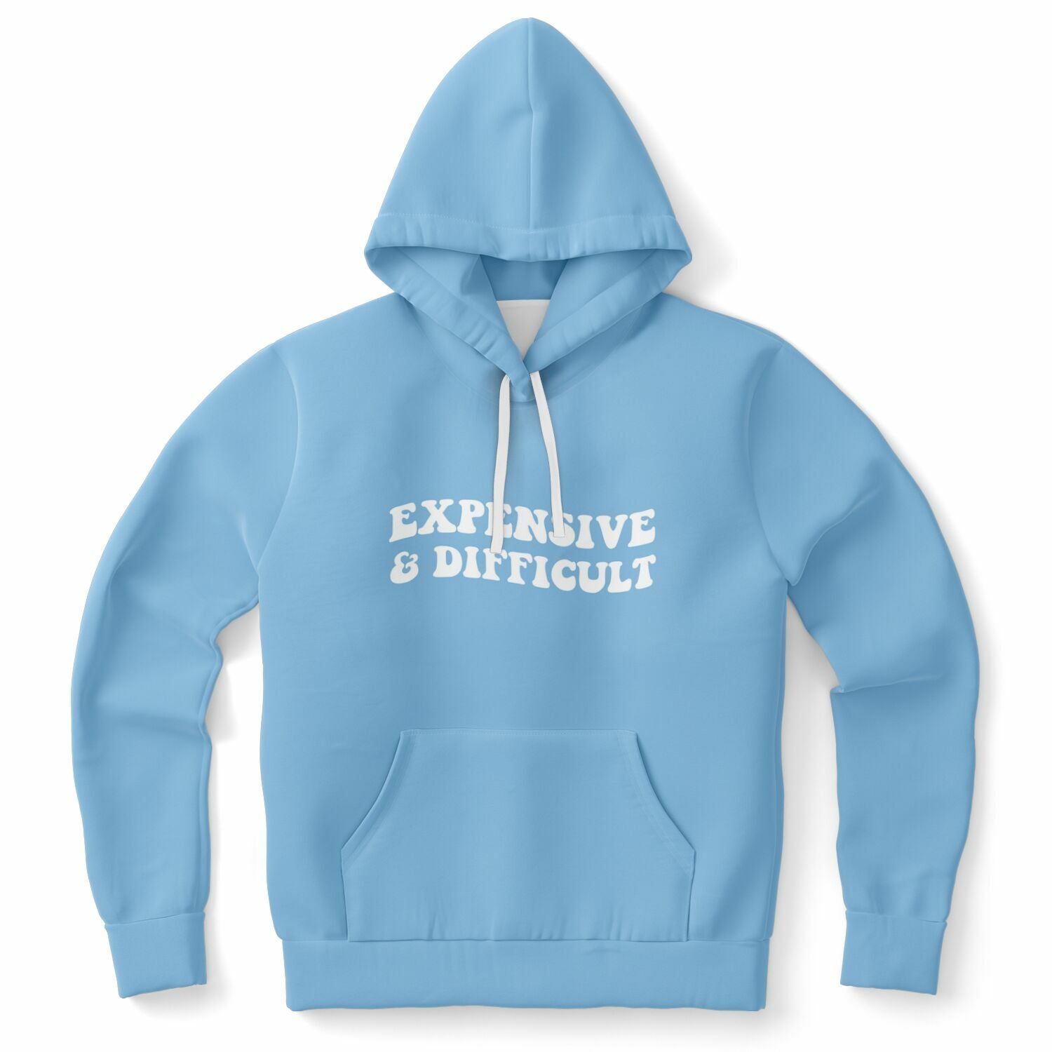 Blue hoodie with bold white text saying “Expensive & Difficult” across the chest — unapologetic hot girl energy from CollegeWares.