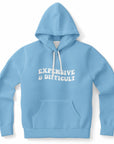 Blue hoodie with bold white text saying “Expensive & Difficult” across the chest — unapologetic hot girl energy from CollegeWares.