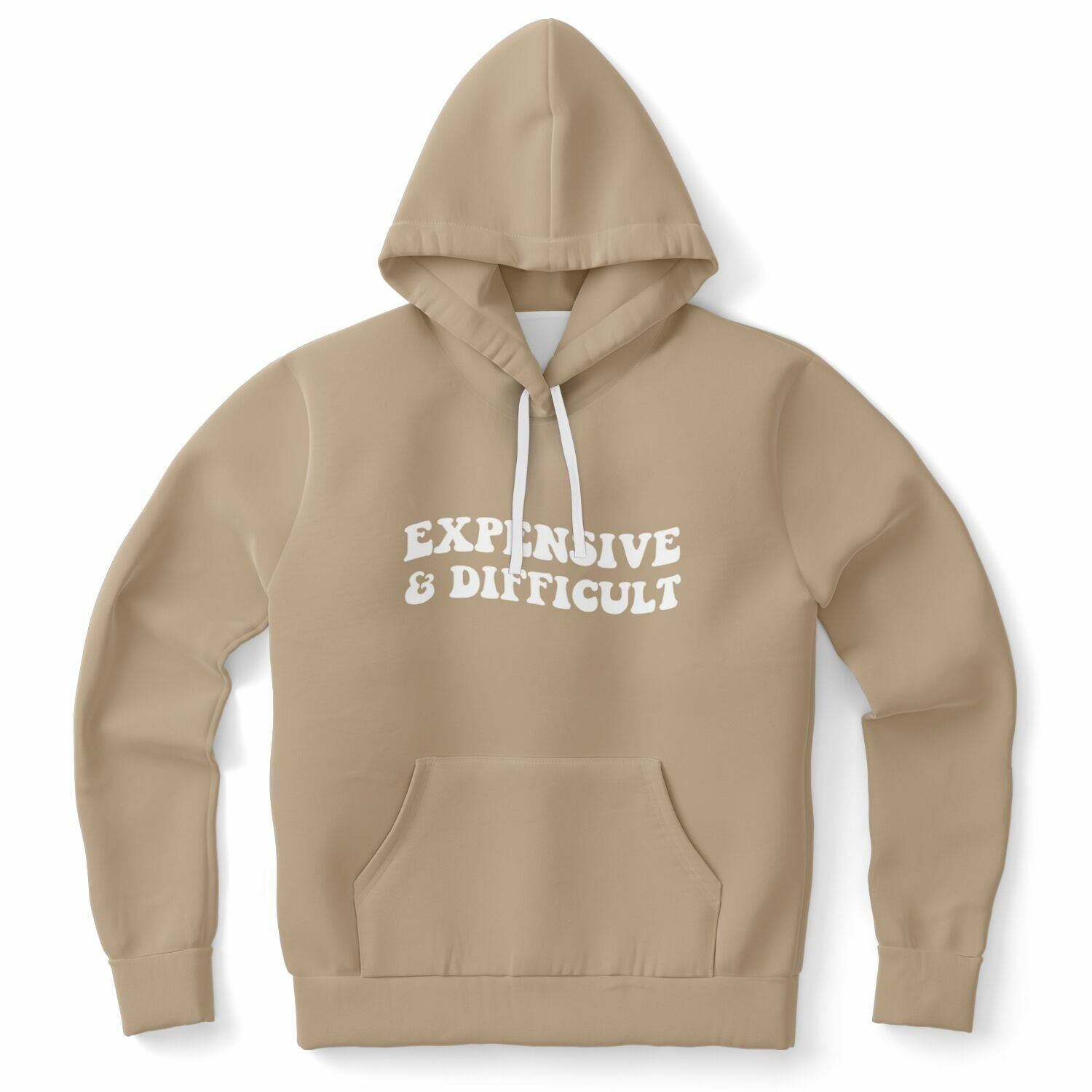 Brown hoodie featuring “Expensive & Difficult” in bold white font — sassy and self-aware statement piece from CollegeWares.