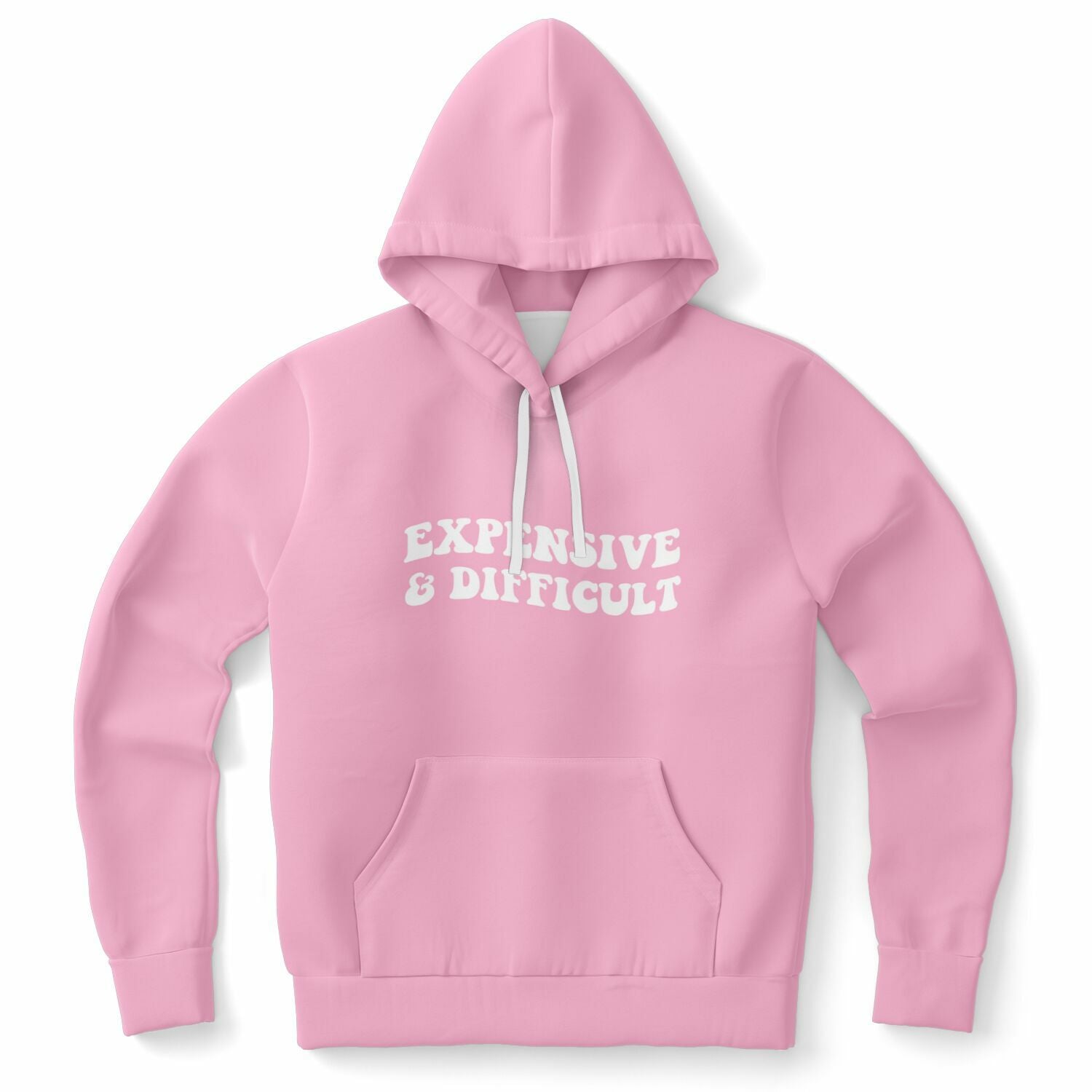 Pink hoodie with the phrase “Expensive & Difficult” in bubble letters — pretty, pricey, and full of attitude from CollegeWares.