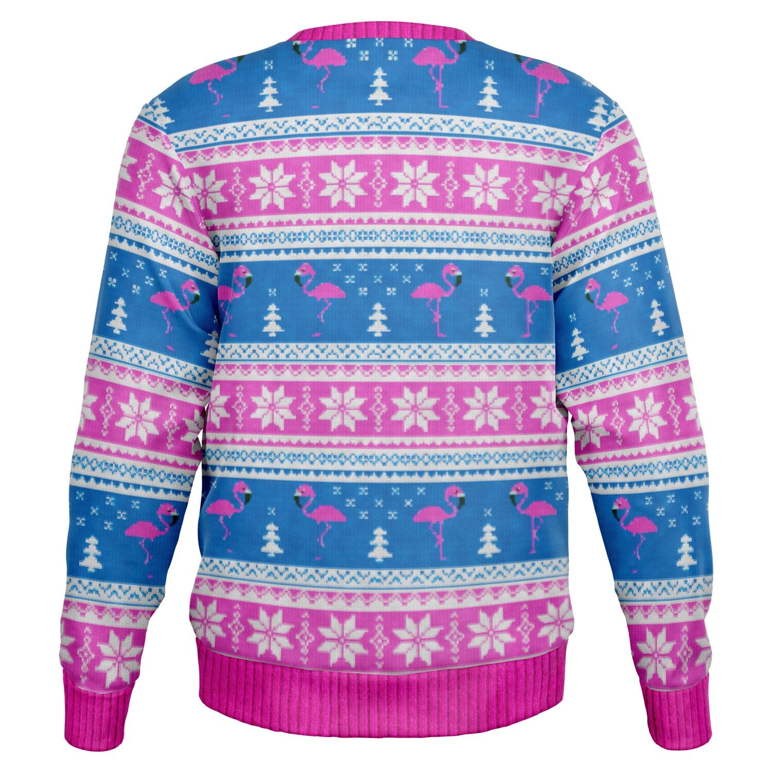 Blue and pink holiday sweater with snowflakes, Christmas trees, and flamingo pattern — festive and Florida-ready from CollegeWares.