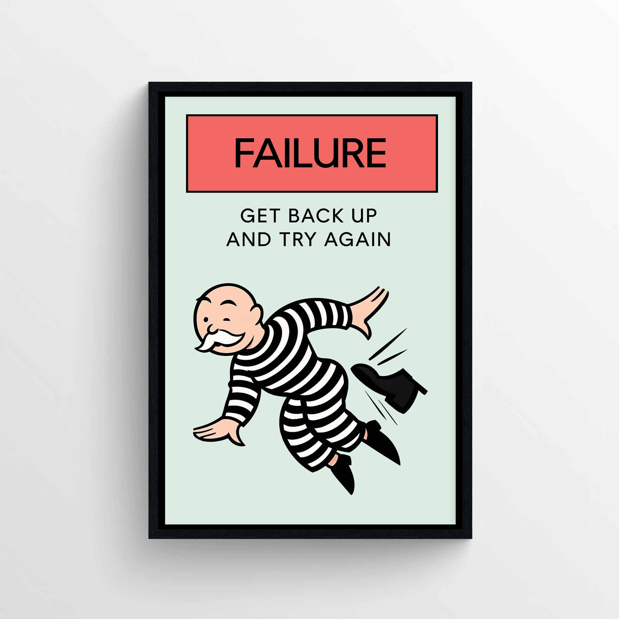 Minimalist “Failure — Get Back Up and Try Again” poster with a red header, clean typography, and a cartoon character being kicked forward — modern motivational wall art for dorms, studios, and home offices by CollegeWares.