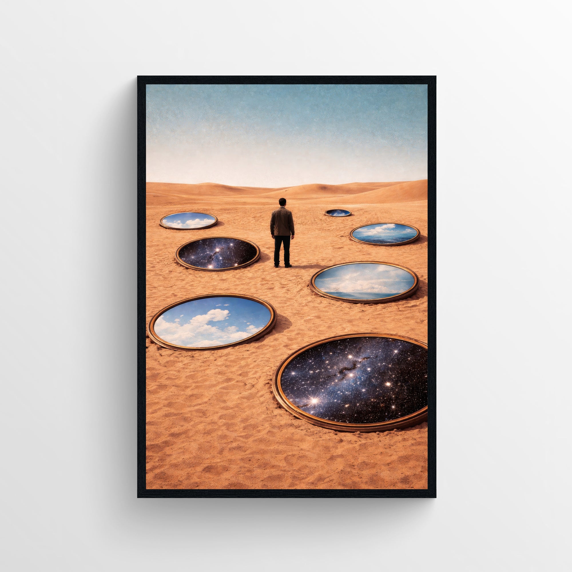 Surreal trippy wall poster showing a desert scene with circular portals reflecting sky and stars, blending minimal landscapes with cosmic imagery — modern aesthetic room decor and surreal art print for college rooms and apartments by CollegeWares.