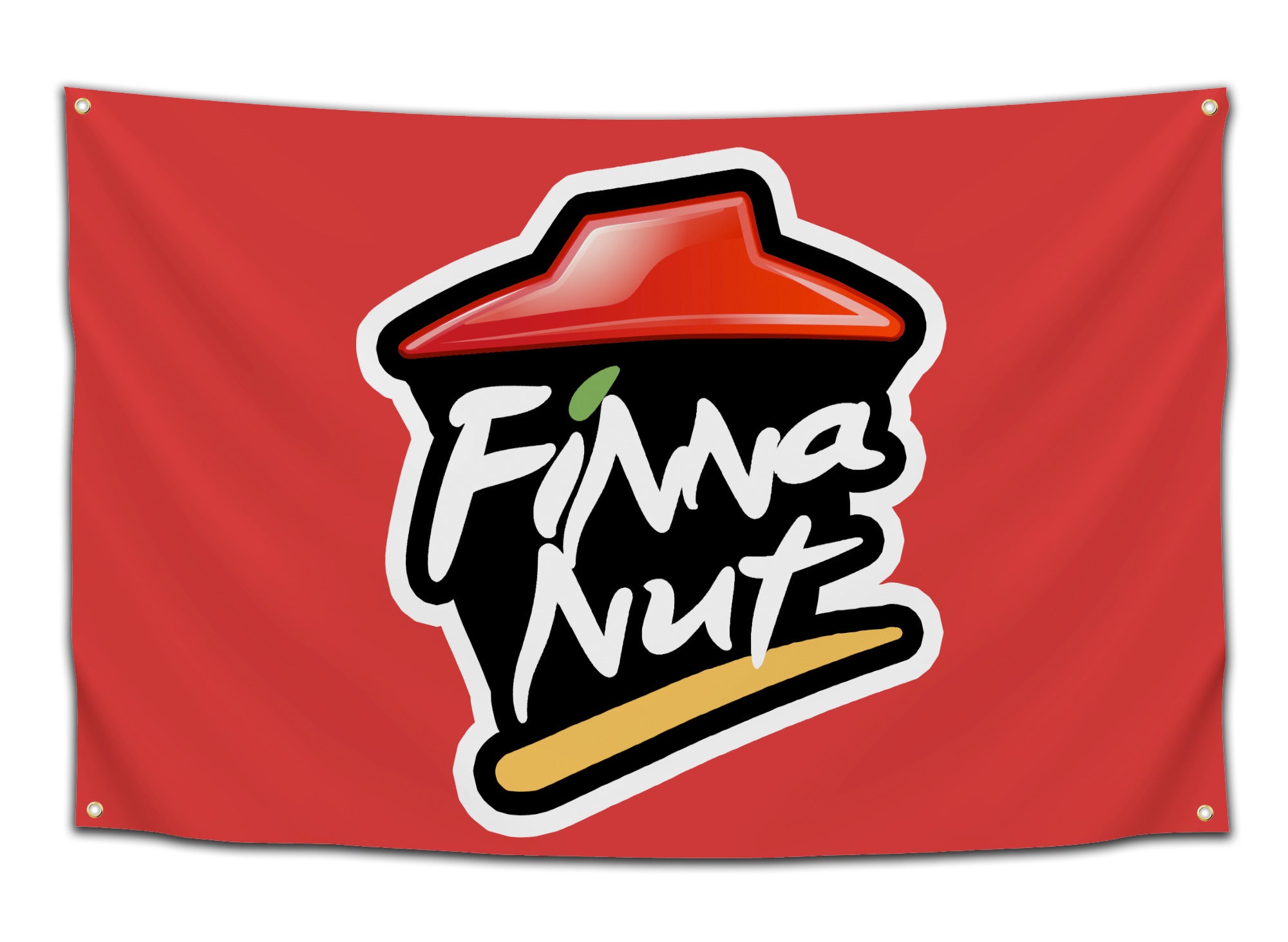 Red flag parodying the Pizza Hut logo, replaced with the bold white text “Finna Nut” – hilarious dorm humor flag from CollegeWares.