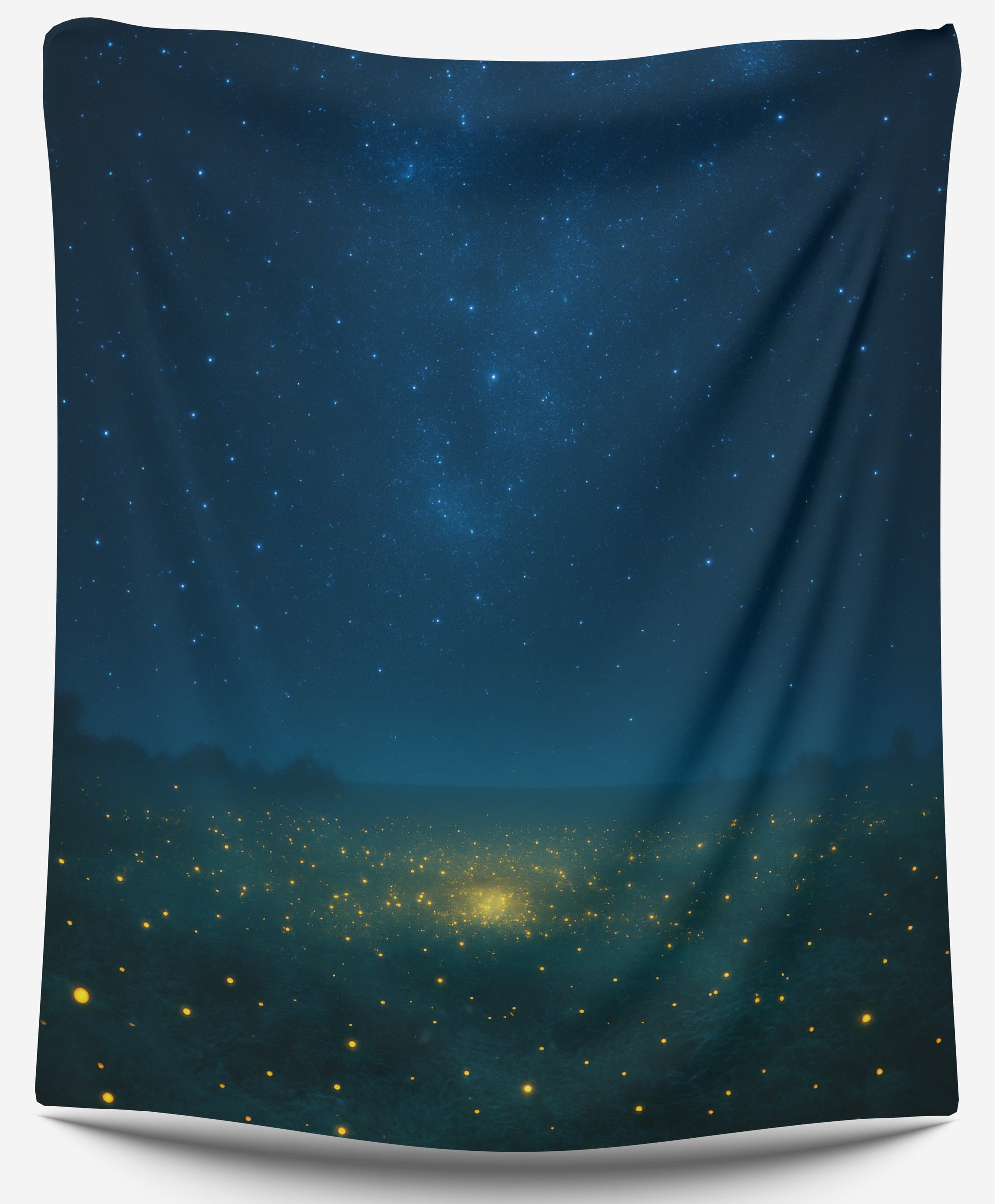 Blue night sky filled with stars above glowing fireflies in a misty meadow, creating a serene and magical dorm tapestry or galaxy wall hanging by CollegeWares.