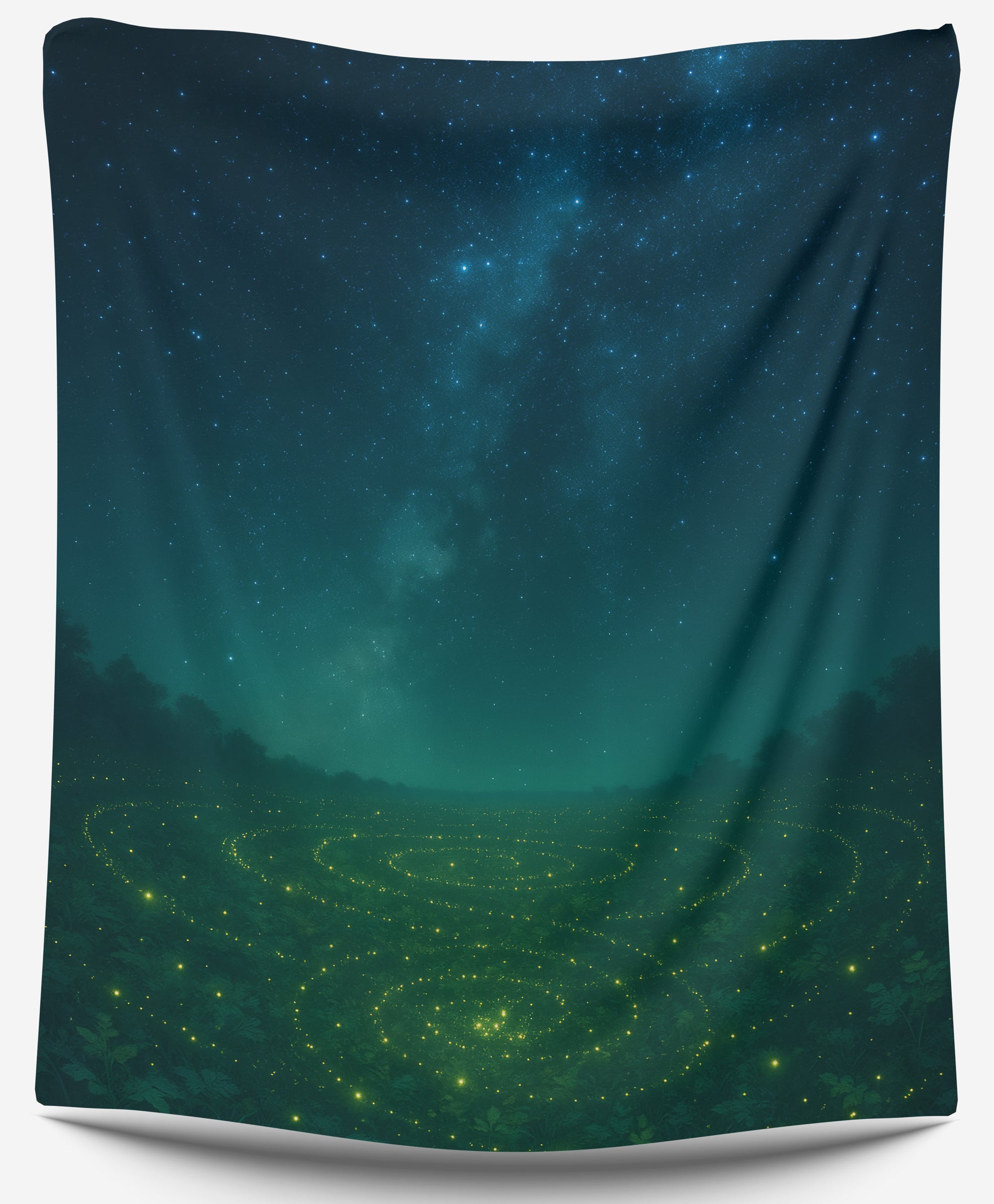 Green meadow with glowing fireflies in spiral patterns under a starry night sky, perfect nature dorm tapestry or galaxy wall decor by CollegeWares.
