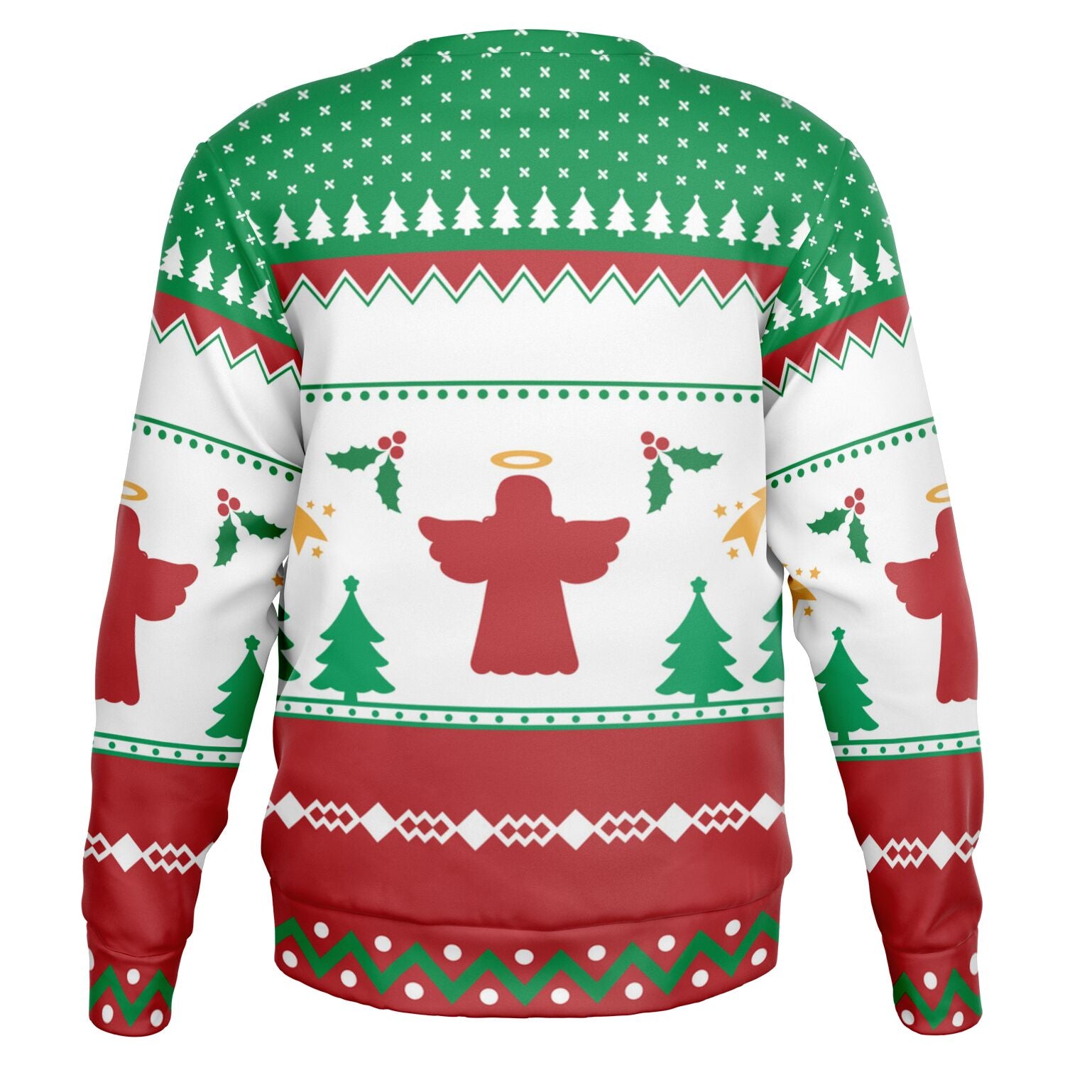 Back view of red, green, and white holiday sweater with angel and tree graphics — playful and cozy seasonal style from CollegeWares.