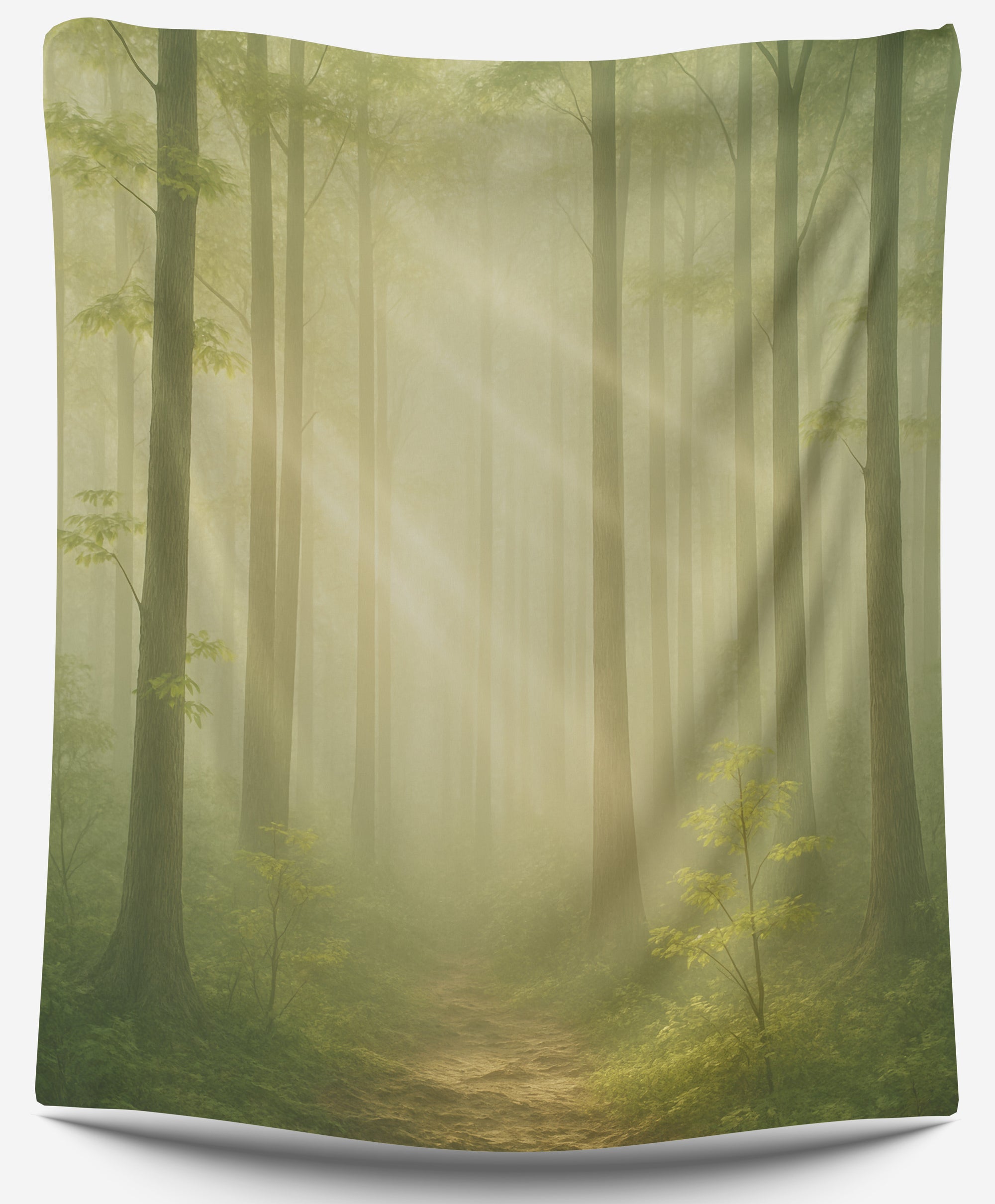 Golden sunlight streaming through misty green forest trees, creating a peaceful and dreamy forestlight dorm tapestry by CollegeWares.