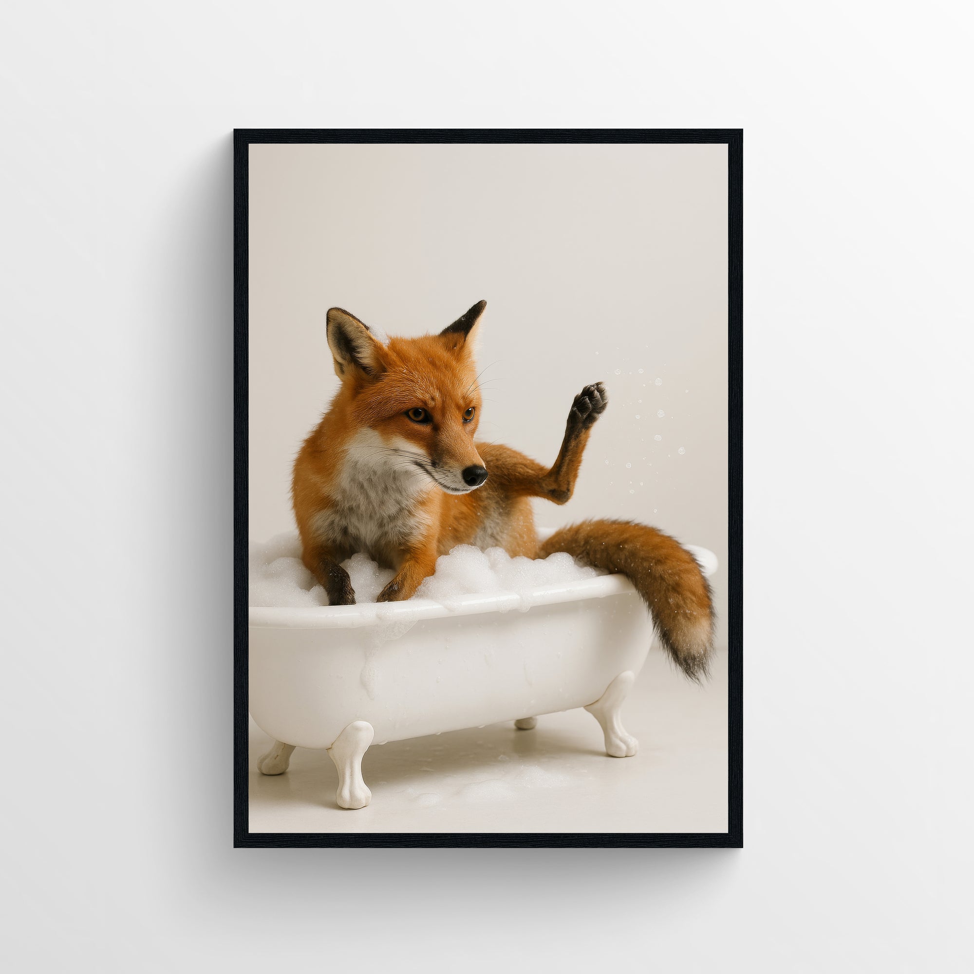 Photorealistic fox relaxing in a vintage clawfoot bathtub filled with bubbles, one paw raised playfully — minimalist animal bath poster with soft lighting and humorous tone by CollegeWares.
