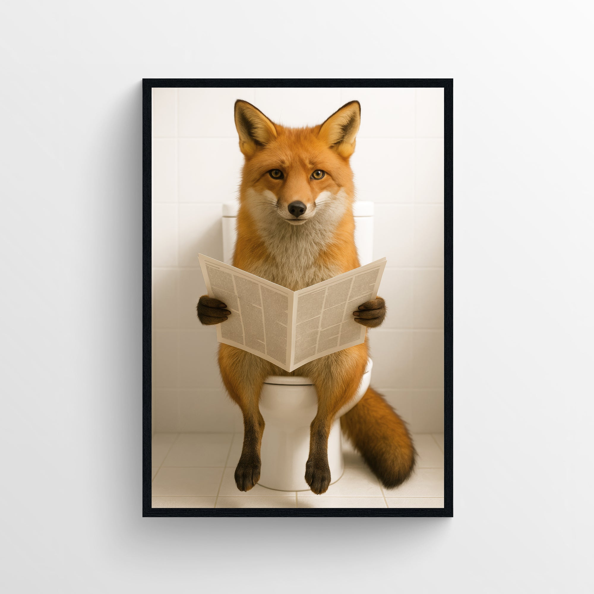 Photorealistic fox sitting on a toilet reading a newspaper in a clean tiled bathroom — witty animal bathroom poster with sharp expression, minimalist background, and modern humorous wall art by CollegeWares.