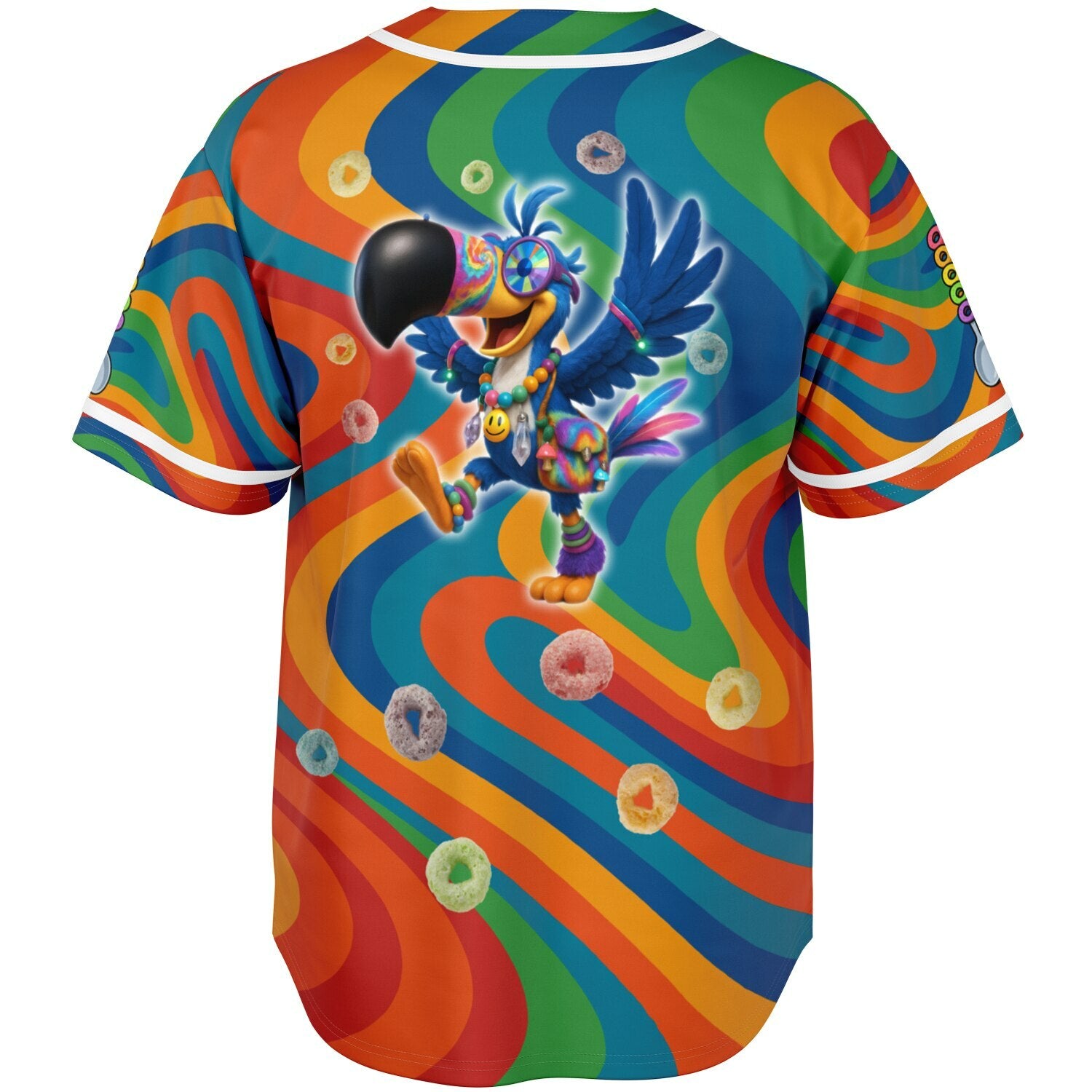 Back of a rainbow psychedelic rave baseball jersey with a cartoon rave toucan wearing kandi, smiley accessories, and trippy glasses. Colorful cereal loops float around the character over swirling orange, blue, green, and red patterns.