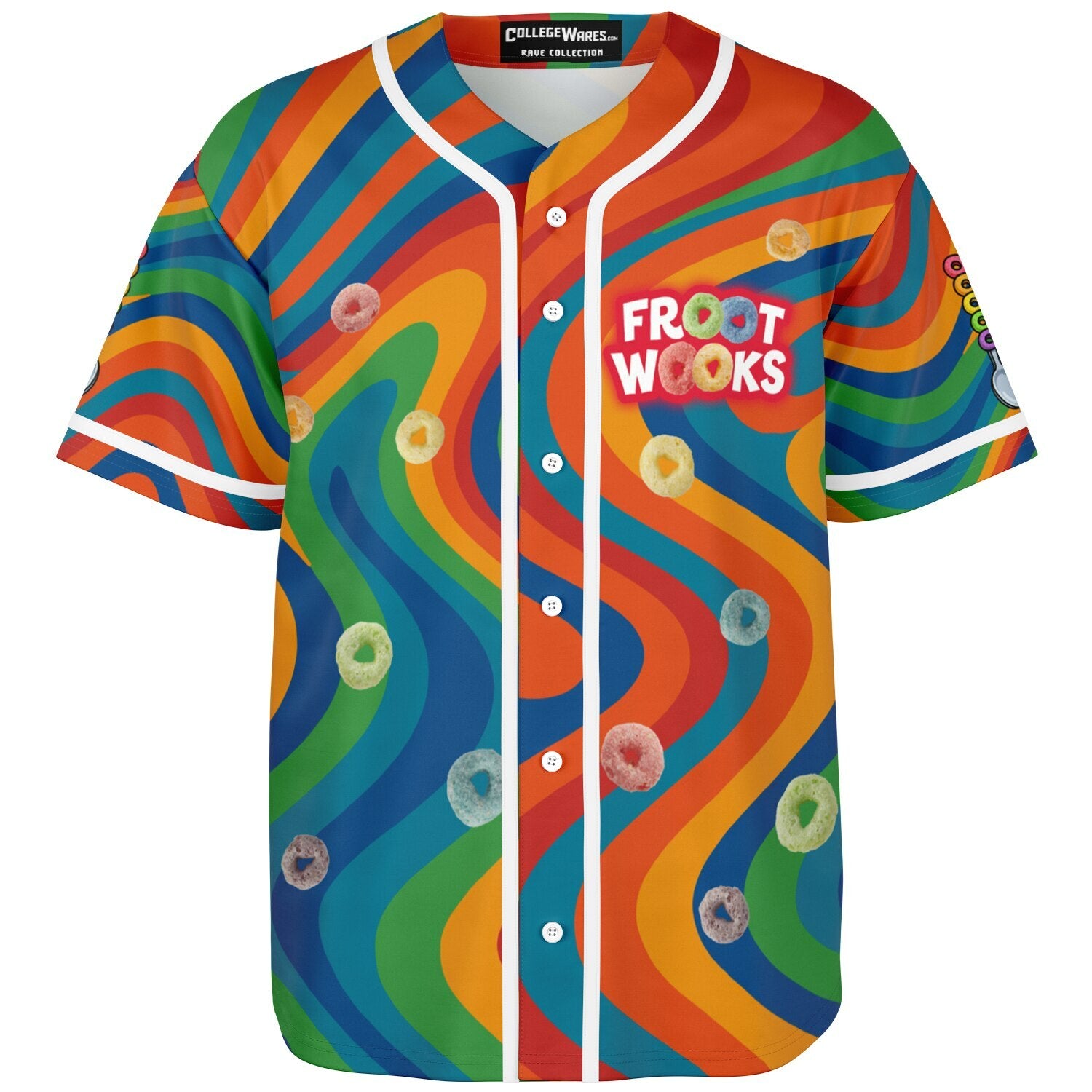 Front of a rainbow swirl EDM baseball jersey featuring “FROOT WOOKS” text on the left chest. White piping lines the buttons and multicolored cereal loops float across the psychedelic background.