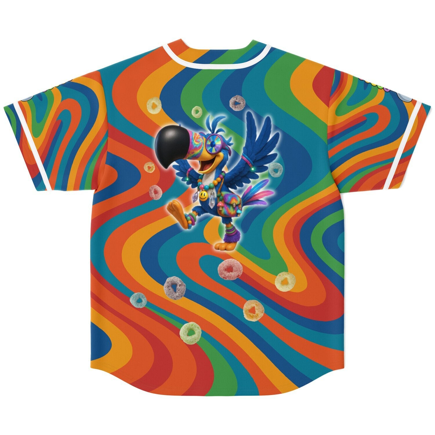 Back flat lay of a rainbow swirl rave jersey with a bright cartoon toucan character in festival gear, surrounded by floating cereal loops. Psychedelic orange, blue, green, and red waves cover the background.