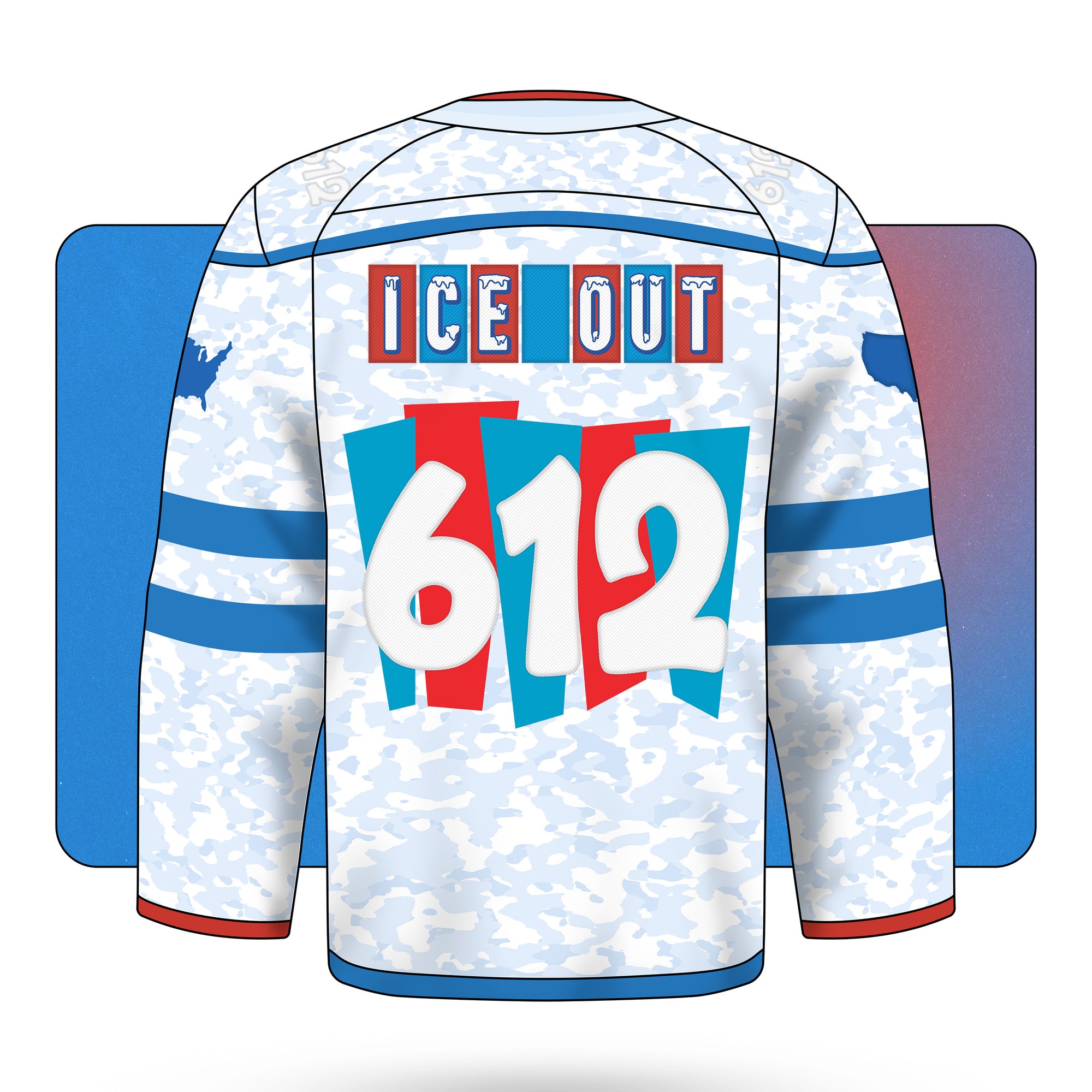 White and blue oversized rave hockey jersey with ice camo texture, bold FUCK ICE text on the front and ICE OUT 612 on the back, designed as an EDM jersey and festival hockey jersey for shows and rave culture from CollegeWares.