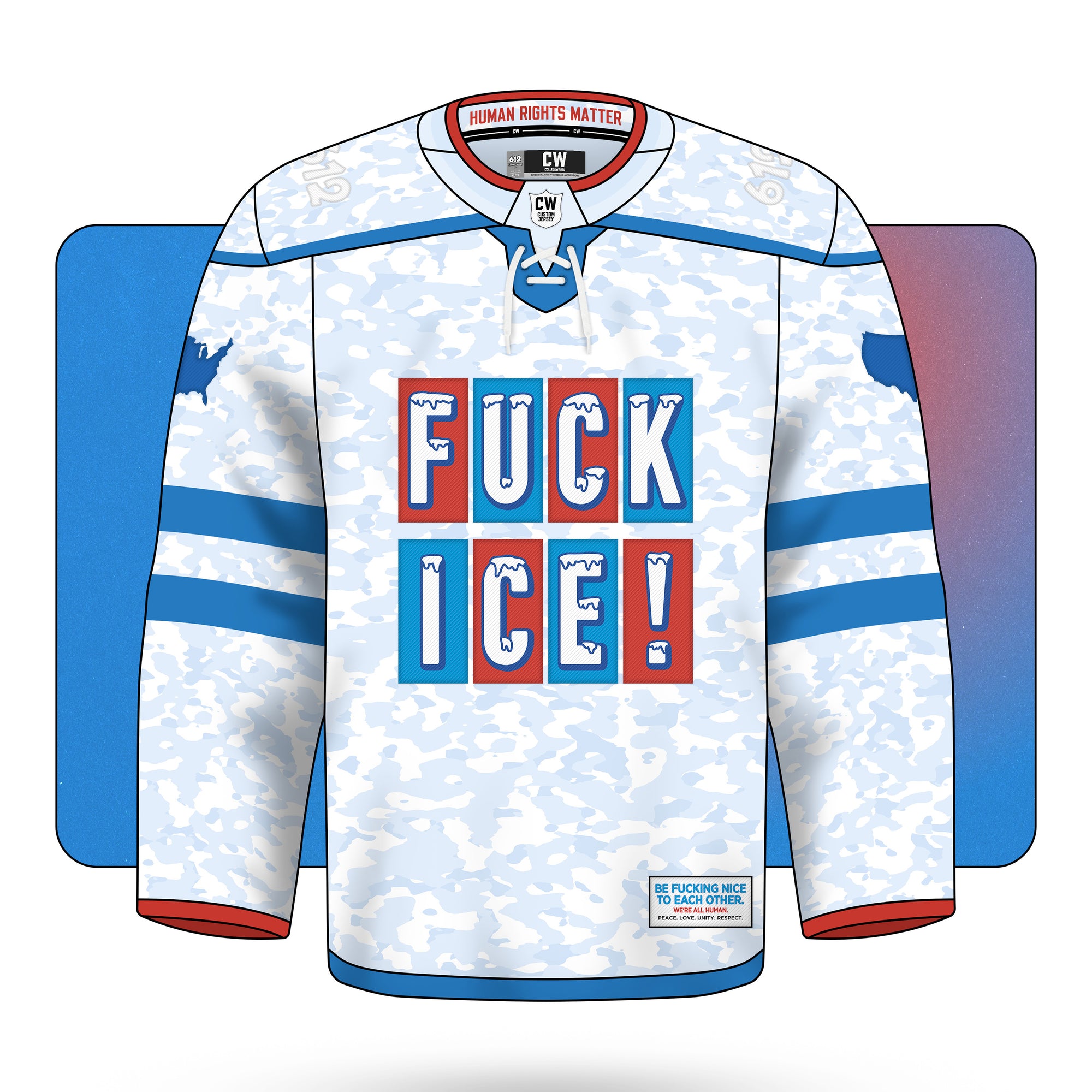 White and blue oversized rave hockey jersey with ice camo texture, bold FUCK ICE text on the front and ICE OUT 612 on the back, designed as an EDM jersey and festival hockey jersey for shows and rave culture from CollegeWares.