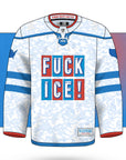 White and blue oversized rave hockey jersey with ice camo texture, bold FUCK ICE text on the front and ICE OUT 612 on the back, designed as an EDM jersey and festival hockey jersey for shows and rave culture from CollegeWares.
