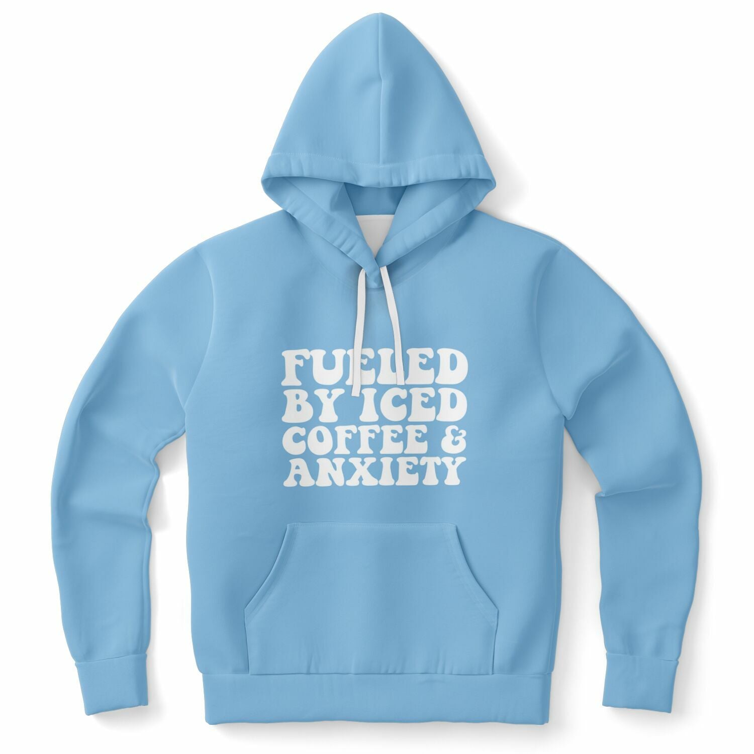 Blue hoodie with bold white text saying “Fueled By Iced Coffee & Anxiety” — perfect for anxious girlies who never miss a Starbucks run, from CollegeWares.