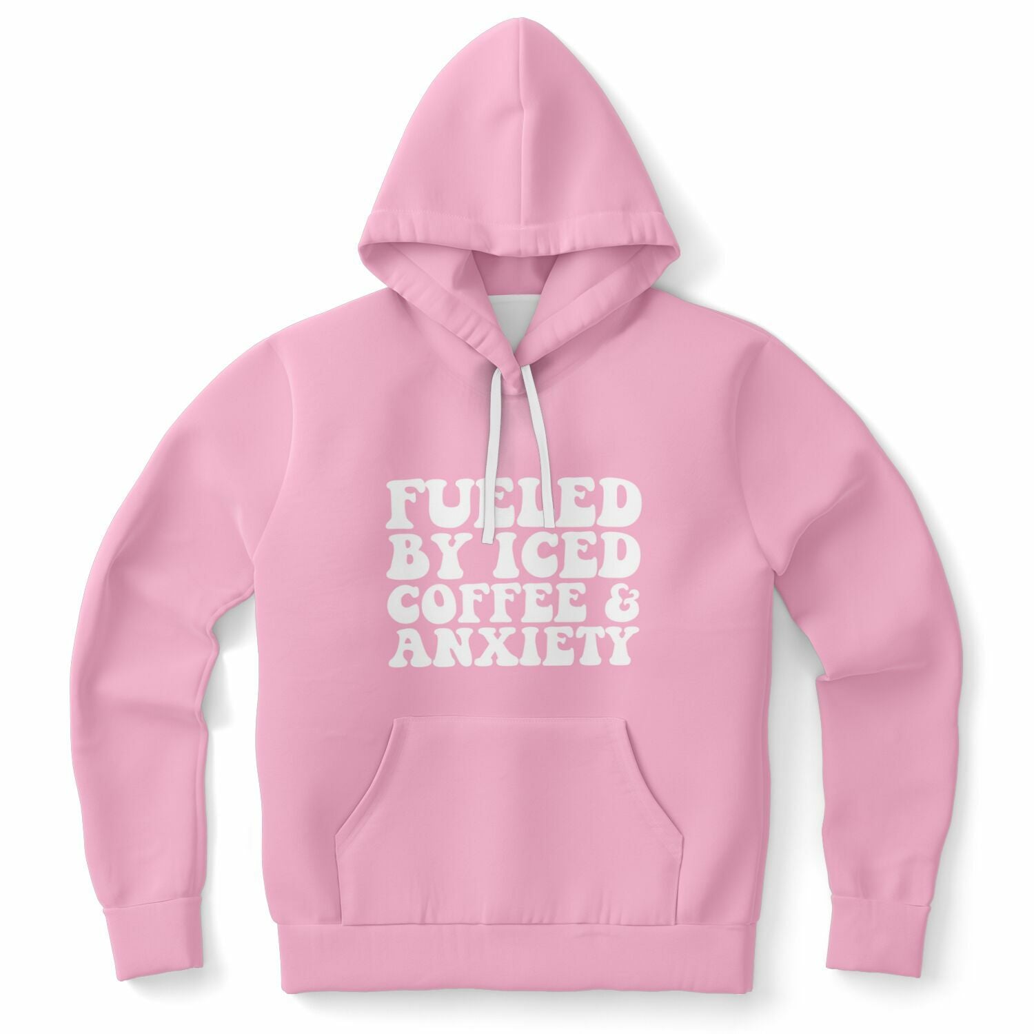 Pink hoodie with bold white bubble text reading “Fueled By Iced Coffee & Anxiety” on the front — caffeinated chaos vibes from CollegeWares.