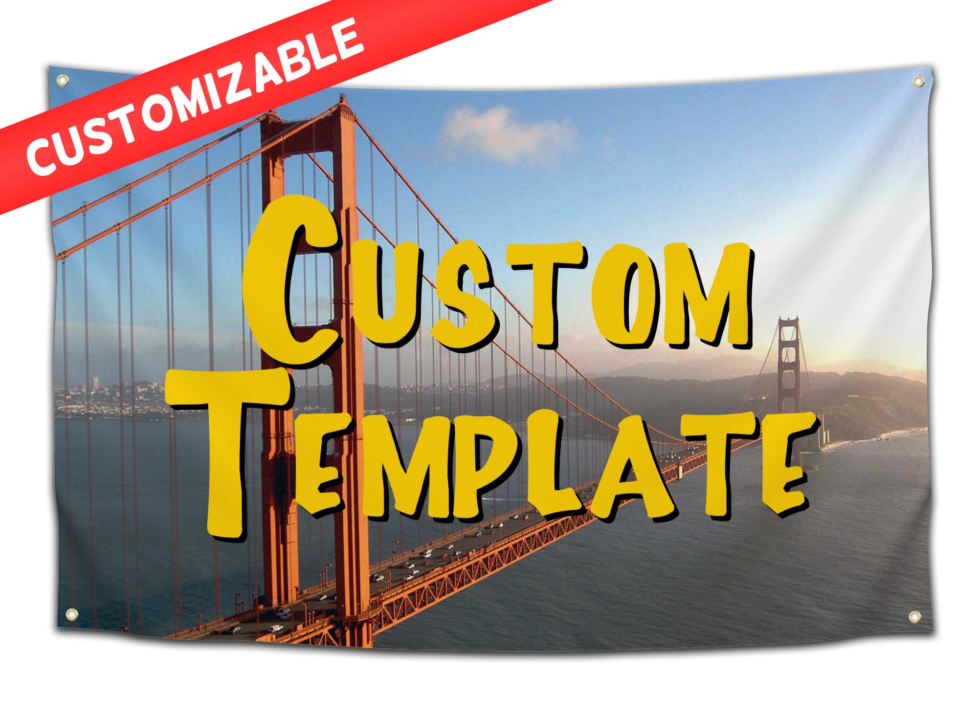 Customizable Full House-style flag featuring the Golden Gate Bridge and bold yellow sitcom font – nostalgic and funny dorm decor from CollegeWares.