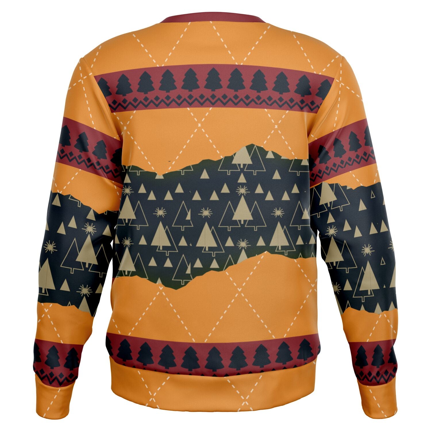Back view of orange holiday sweater with black and gold tree pattern and no text — bold and festive Christmas humor from CollegeWares.