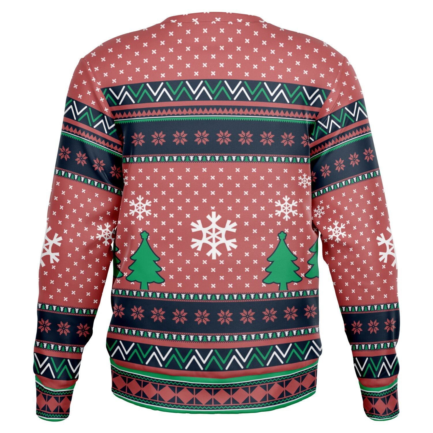 Back view of red Christmas sweater with snowflakes, pine trees, and fair isle patterns — festive design by CollegeWares.