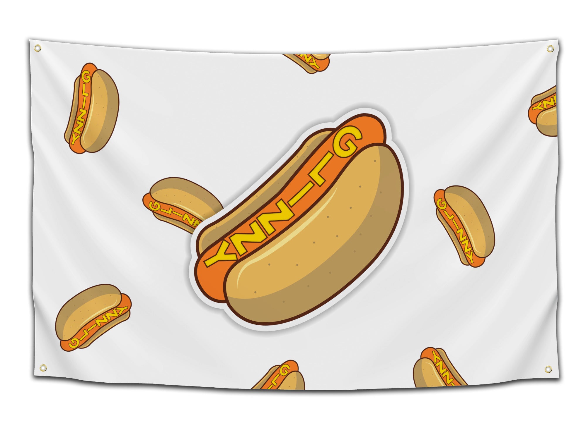 White flag with repeating hot dog (glizzy) pattern – funny party and dorm flag from CollegeWares.