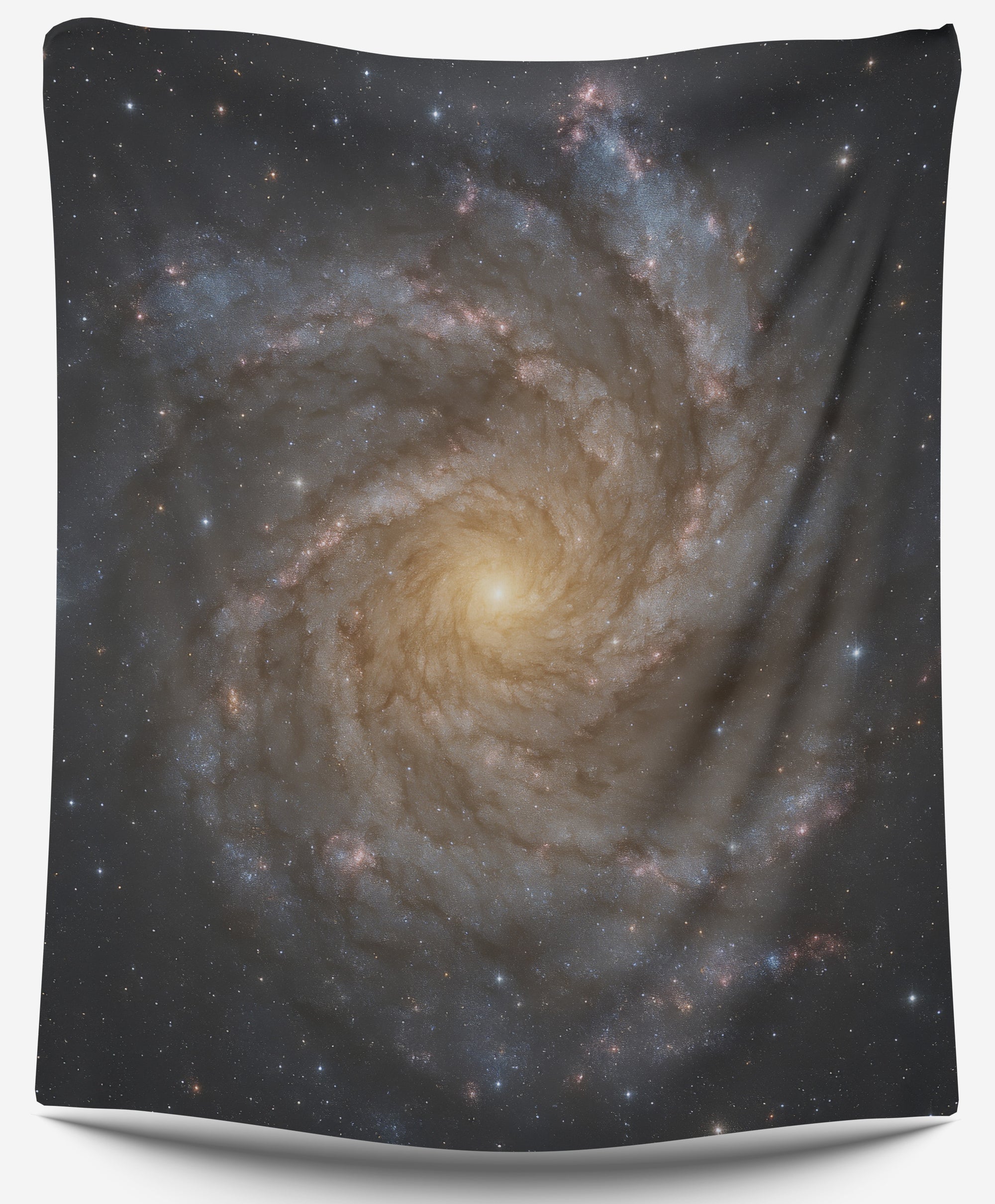 Galaxy spiral tapestry with glowing golden core and star-filled space background, cosmic wall art for dorm or bedroom decor by CollegeWares.