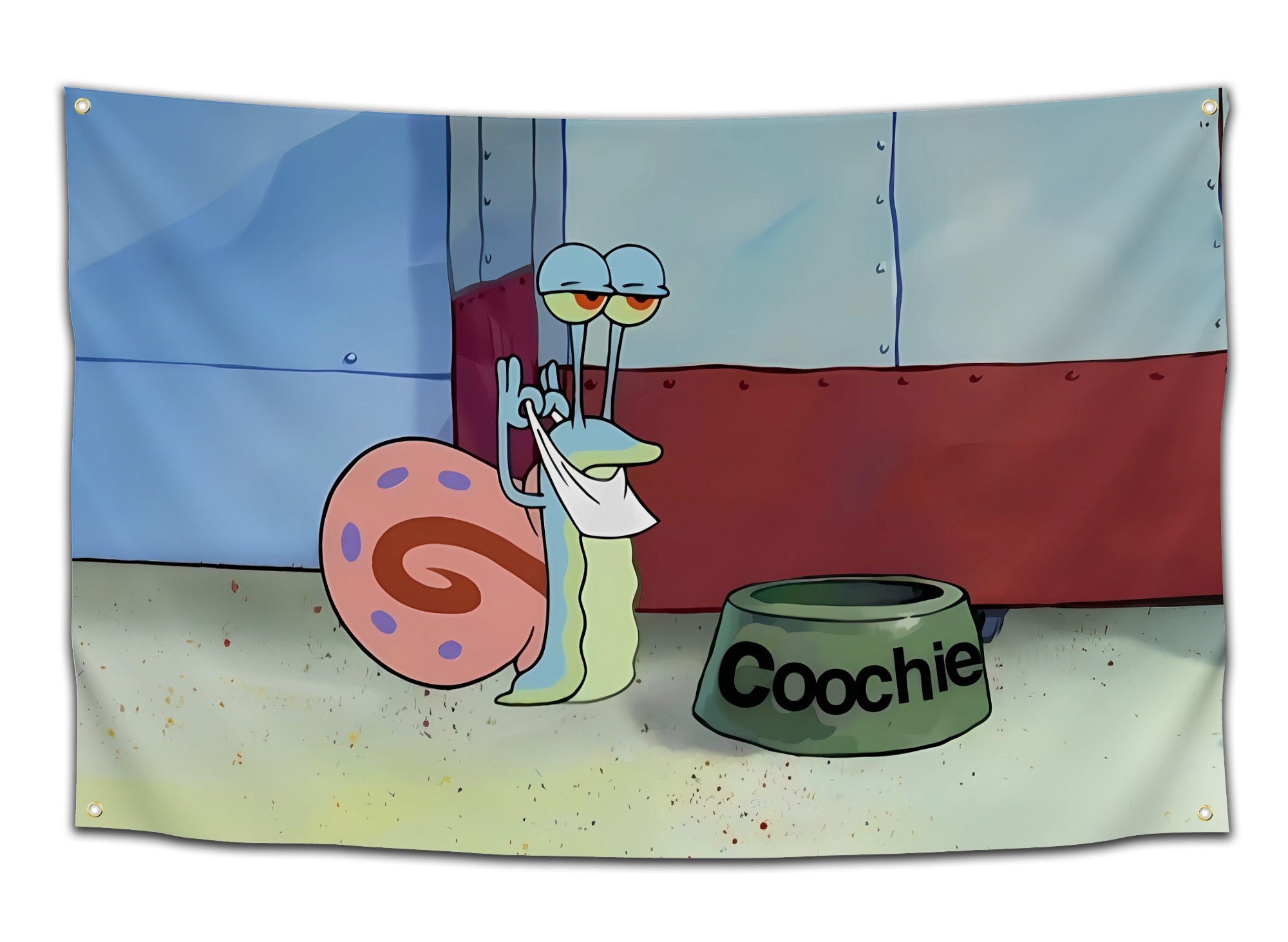 Cartoon flag featuring a smug snail holding a napkin beside a green pet bowl labeled “Coochie” — wild and suggestive dorm banner for meme lovers and chaotic college humor fans by CollegeWares.