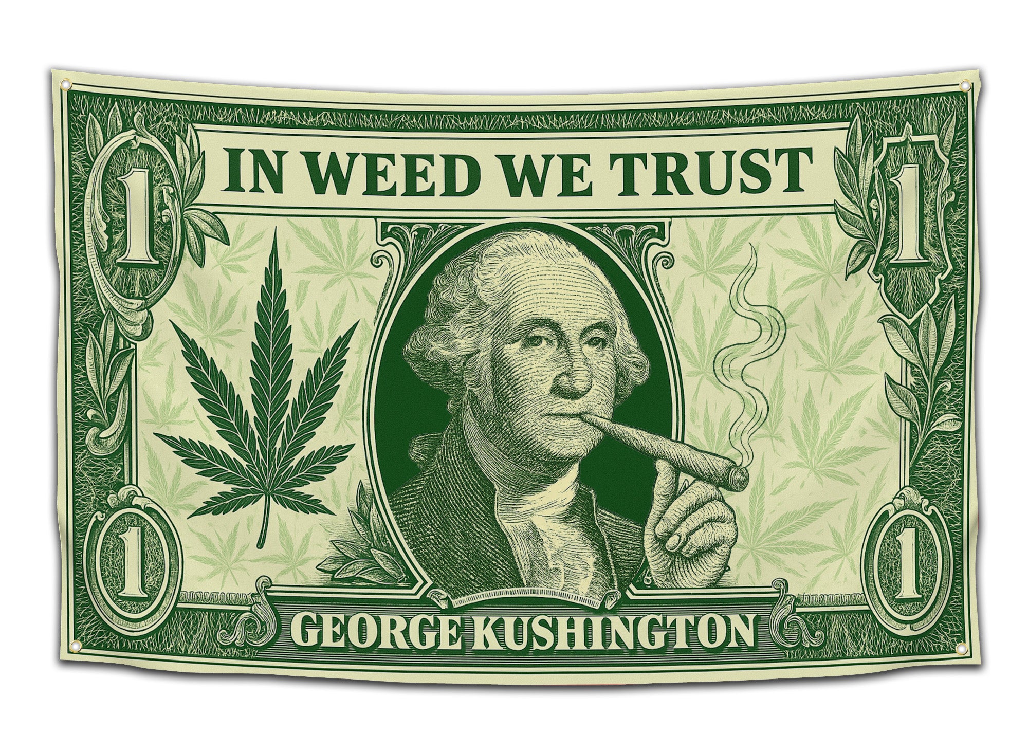 Funny green flag designed like a dollar bill with “In Weed We Trust” at the top, a giant cannabis leaf, and George Washington smoking a blunt labeled as “George Kushington” — stoner dorm flag and weed wall decor by CollegeWares.