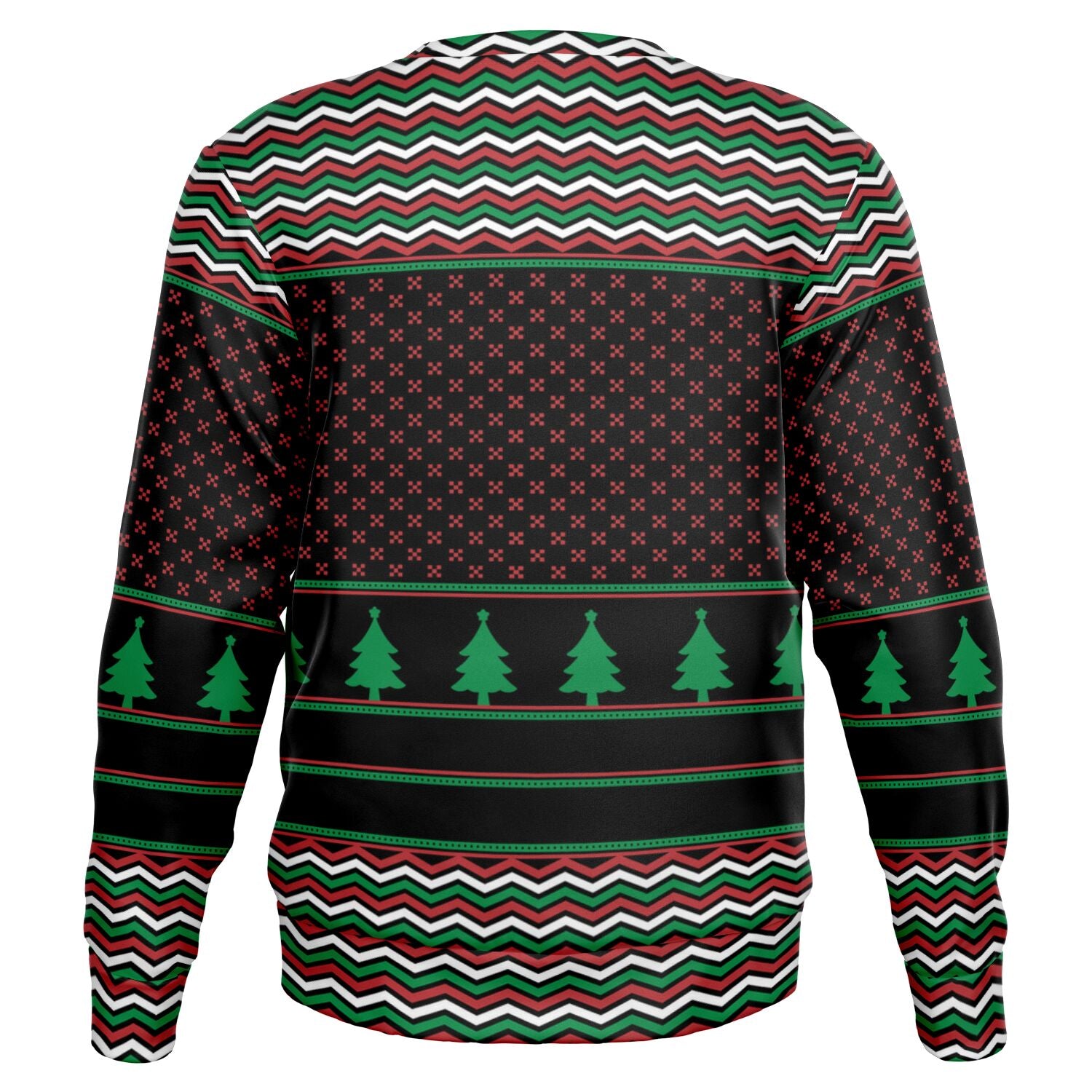 Rear of black and red sweater featuring green tree stripes and retro pixel patterns — quirky and festive CollegeWares holiday wear.