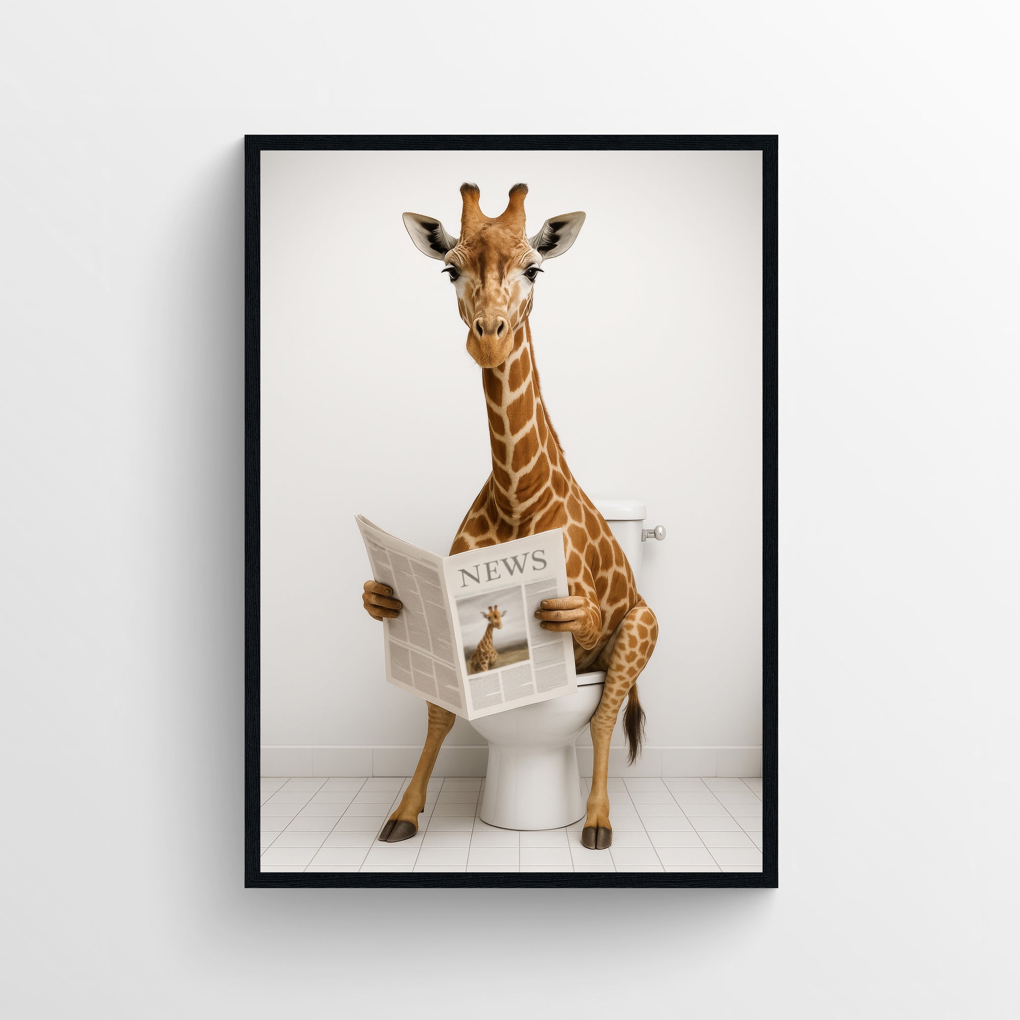 Photorealistic giraffe sitting on a toilet reading a newspaper in a minimalist bathroom — funny bathroom poster and animal wall print with clean modern wall art style for apartments and dorms by CollegeWares.