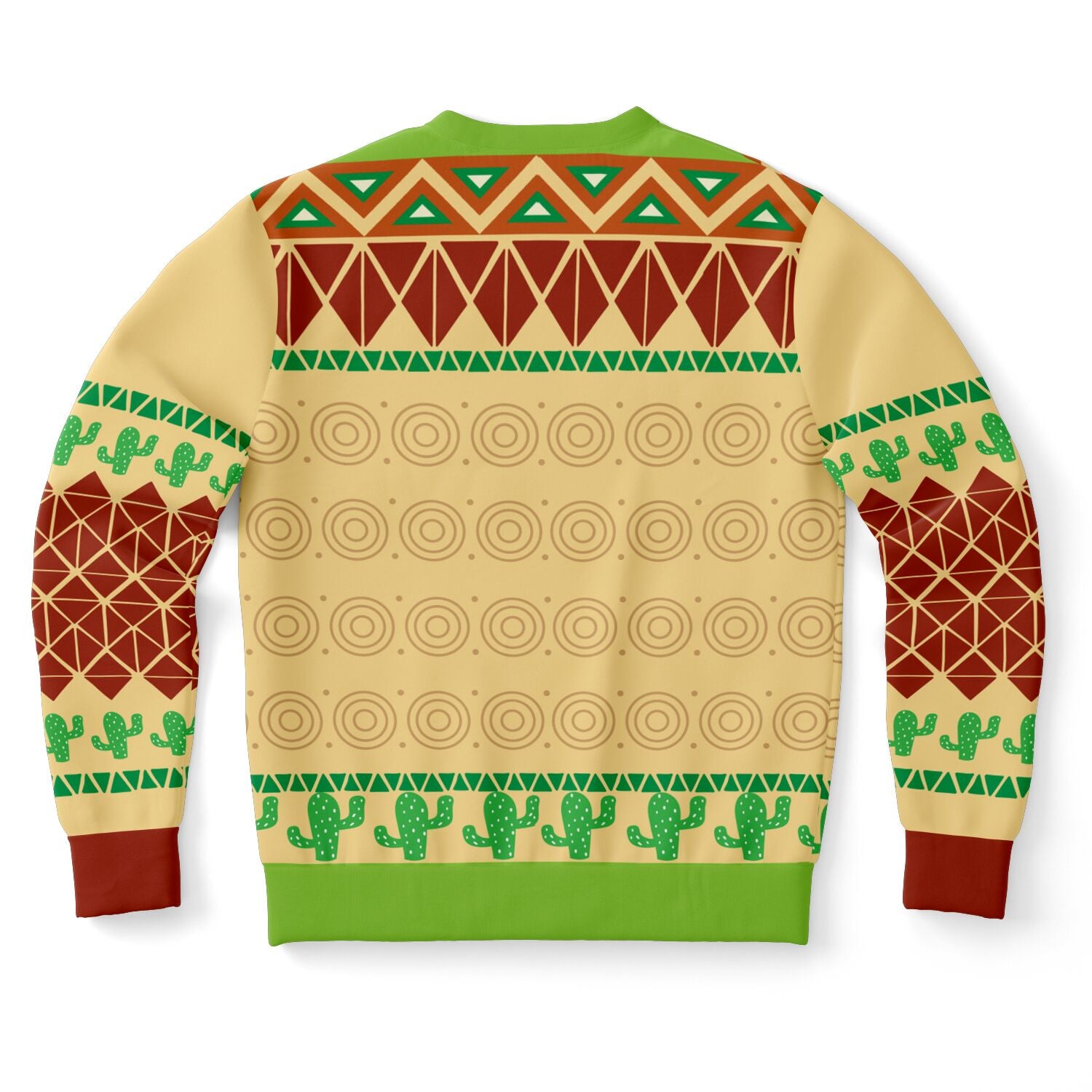 Back view of cactus-print Christmas sweater with beige and green tribal pattern — festive attitude from CollegeWares.