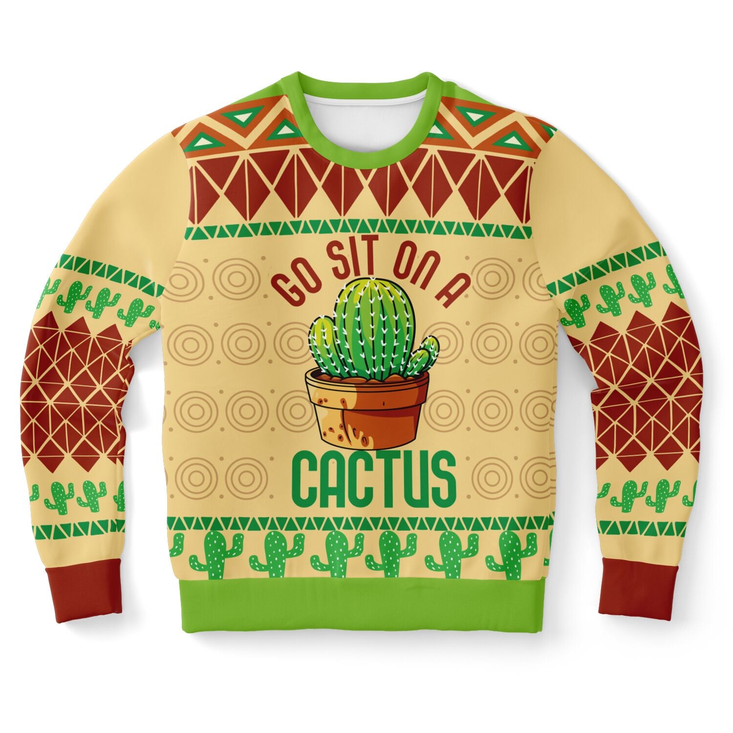 Beige Christmas sweater with cactus graphic and “Go Sit on a Cactus” text — sarcastic holiday humor from CollegeWares.