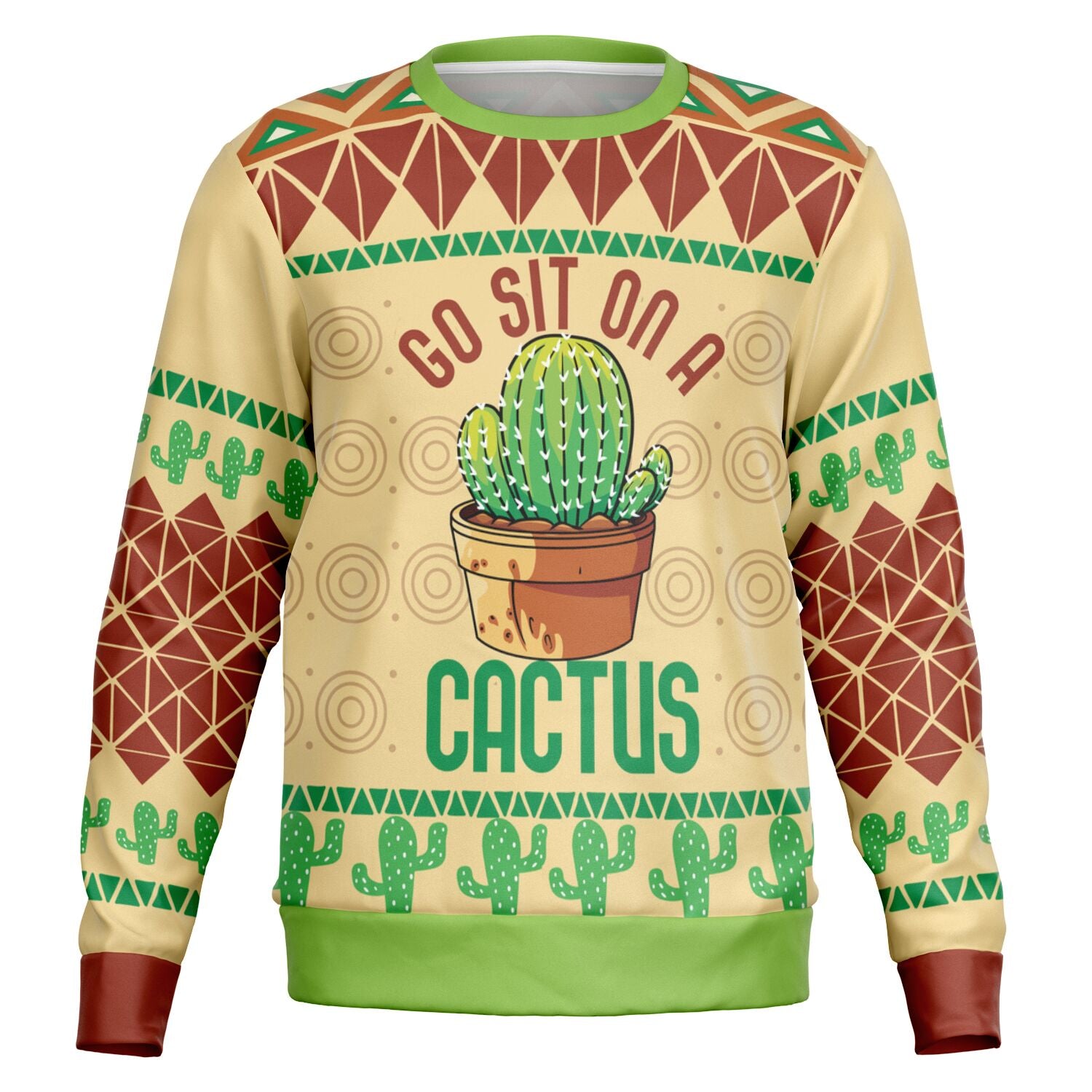 Beige Christmas sweater with cactus graphic and “Go Sit on a Cactus” text — sarcastic holiday humor from CollegeWares.
