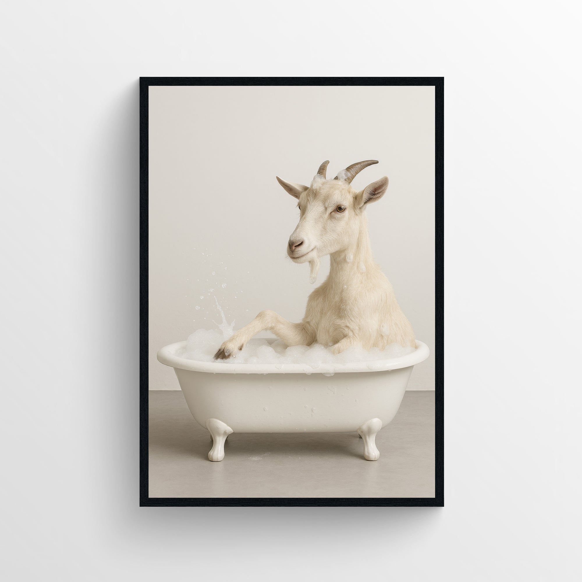 Photorealistic goat sitting in a white clawfoot bathtub in a minimalist bathroom — funny bathroom poster with clean modern wall art style for apartments, dorms, and guest baths from CollegeWares.