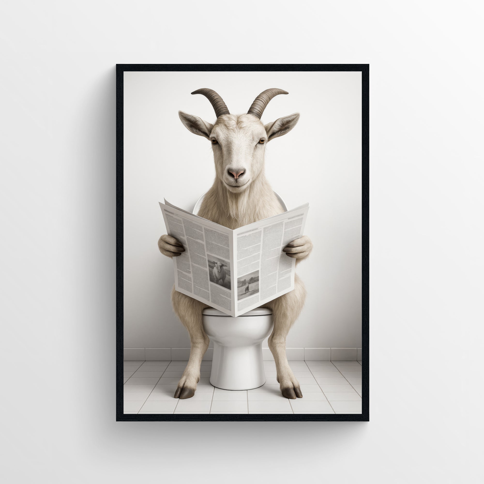Photorealistic goat sitting on a toilet reading a newspaper in a minimalist bathroom — funny bathroom poster with clean modern wall art style for apartments, dorms, and guest baths from CollegeWares.