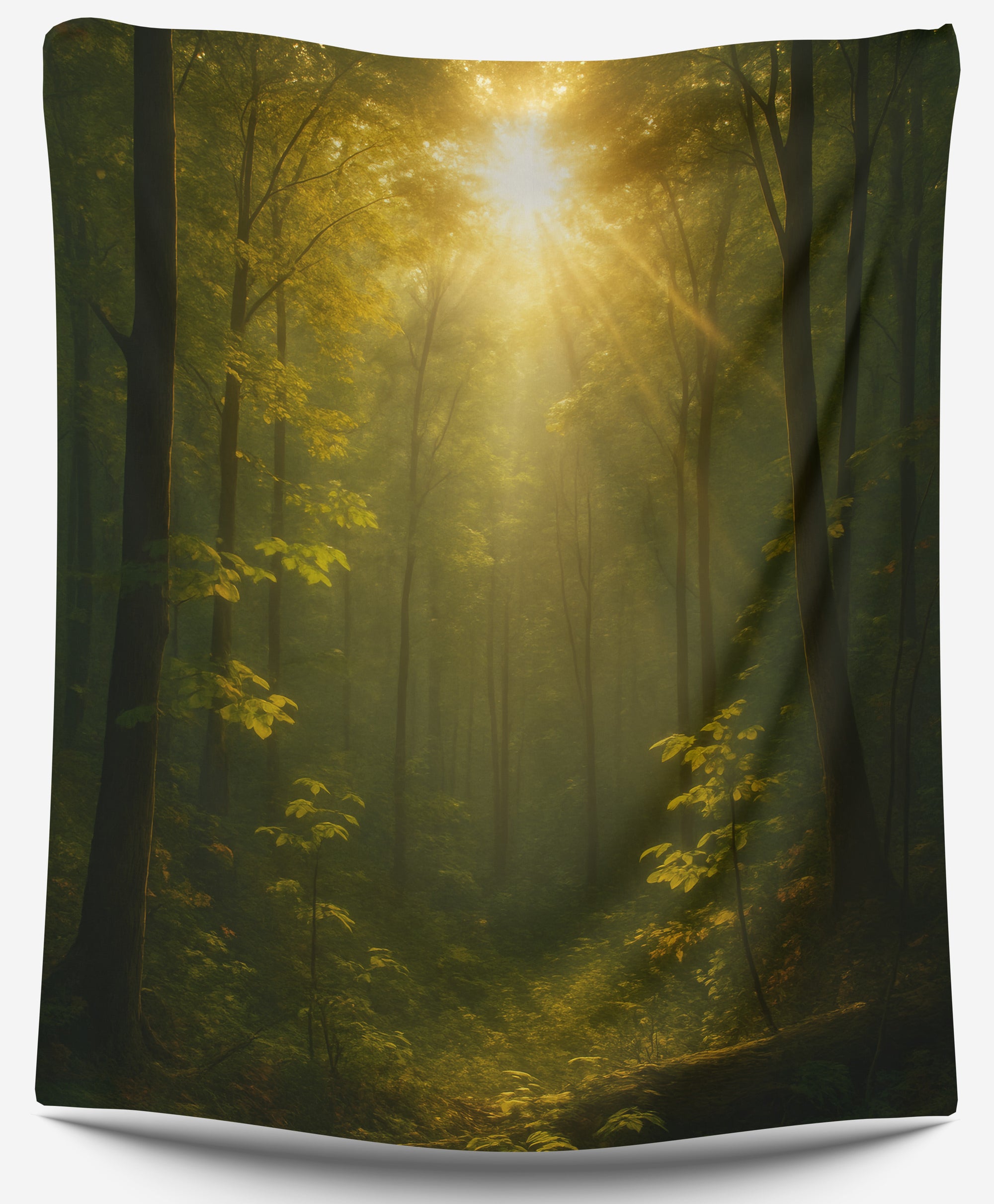 Golden sunlight shining through green forest trees with warm, peaceful glow — perfect nature dorm tapestry or forest wall hanging by CollegeWares.