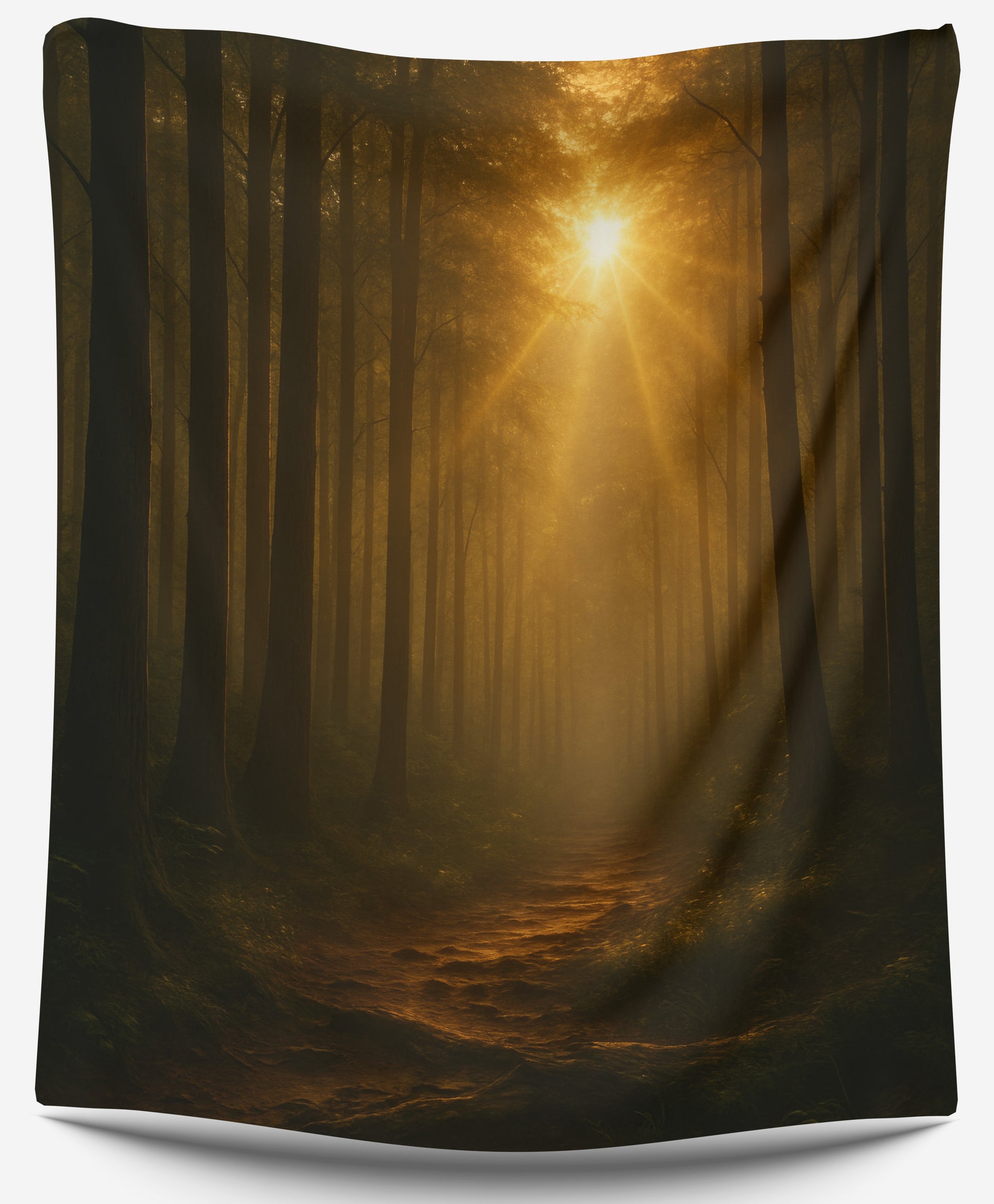 Warm golden forest scene with sunlight rays cutting through tall trees, creating a dreamy mystical vibe. Perfect nature dorm tapestry or forest wall decor by CollegeWares.