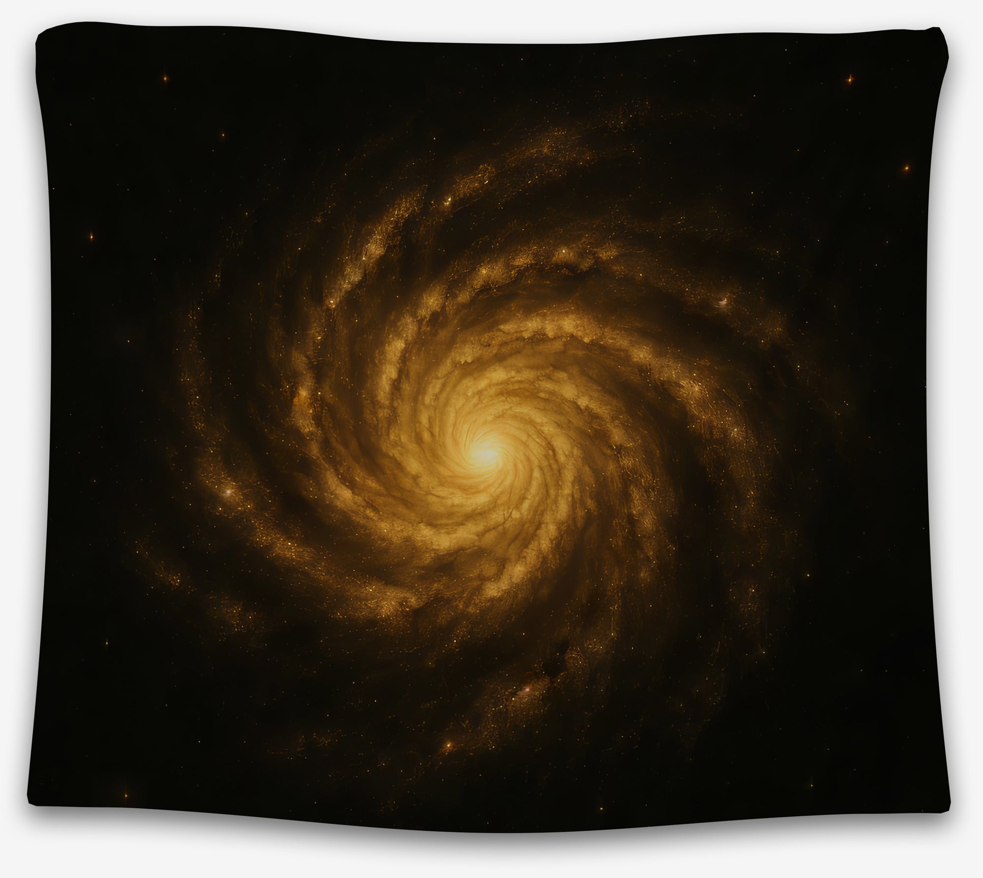 Golden galaxy spiral tapestry with glowing light and dark space background, perfect cosmic dorm tapestry or celestial wall hanging by CollegeWares.