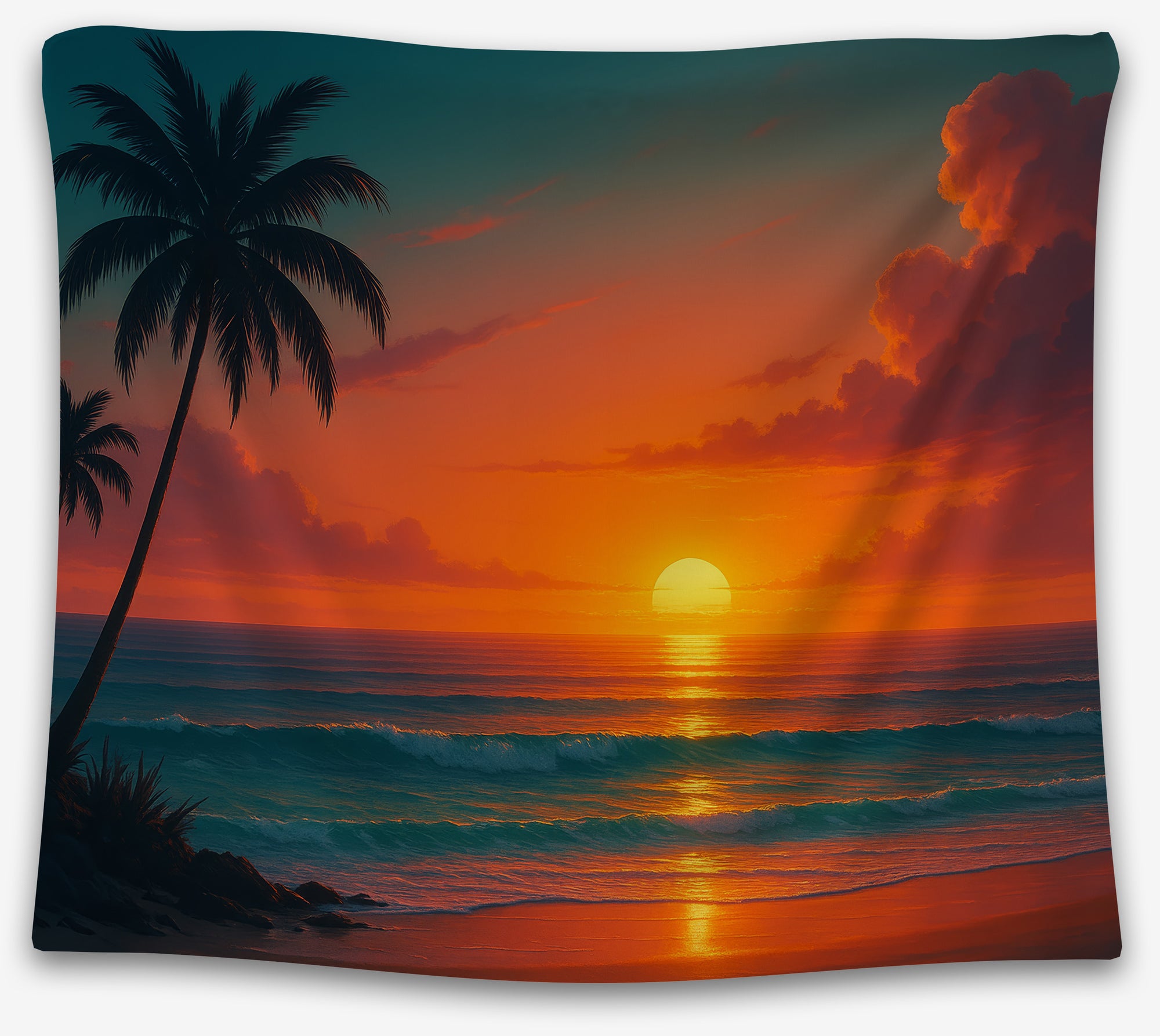 Sunset beach tapestry with glowing orange sky and teal waves, perfect tropical wall art or dorm room decor by CollegeWares.
