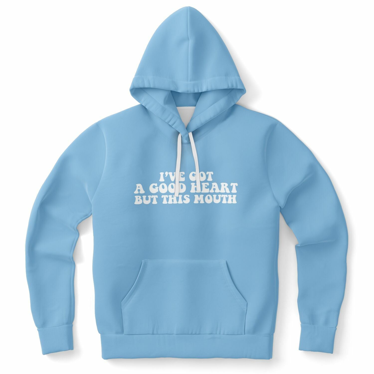 Blue hoodie with white bubbly font that reads “I’ve Got A Good Heart But This Mouth” — sweet-and-sour sass from CollegeWares.
