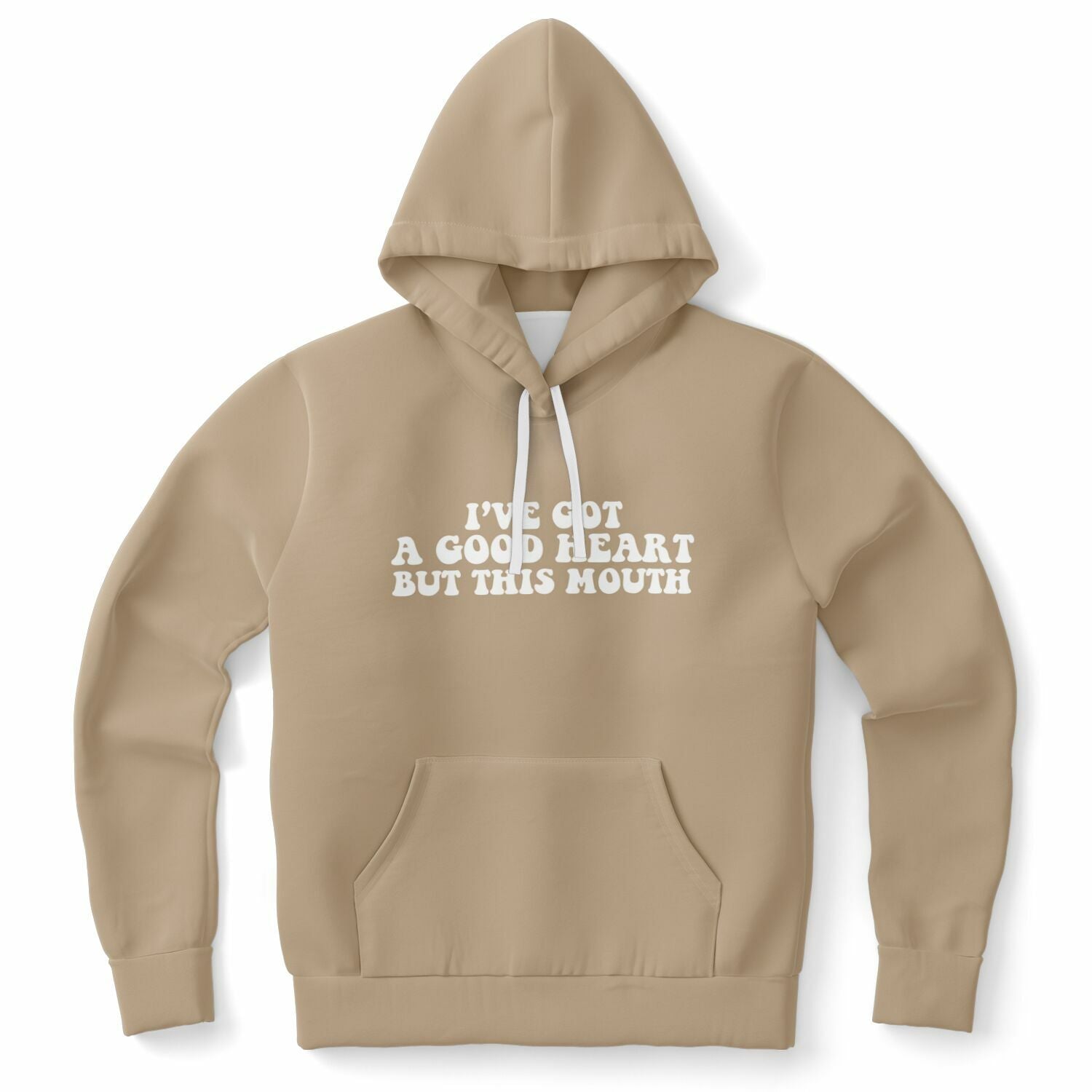 Brown hoodie with bold white text saying “I’ve Got A Good Heart But This Mouth” — soft menace energy from CollegeWares.