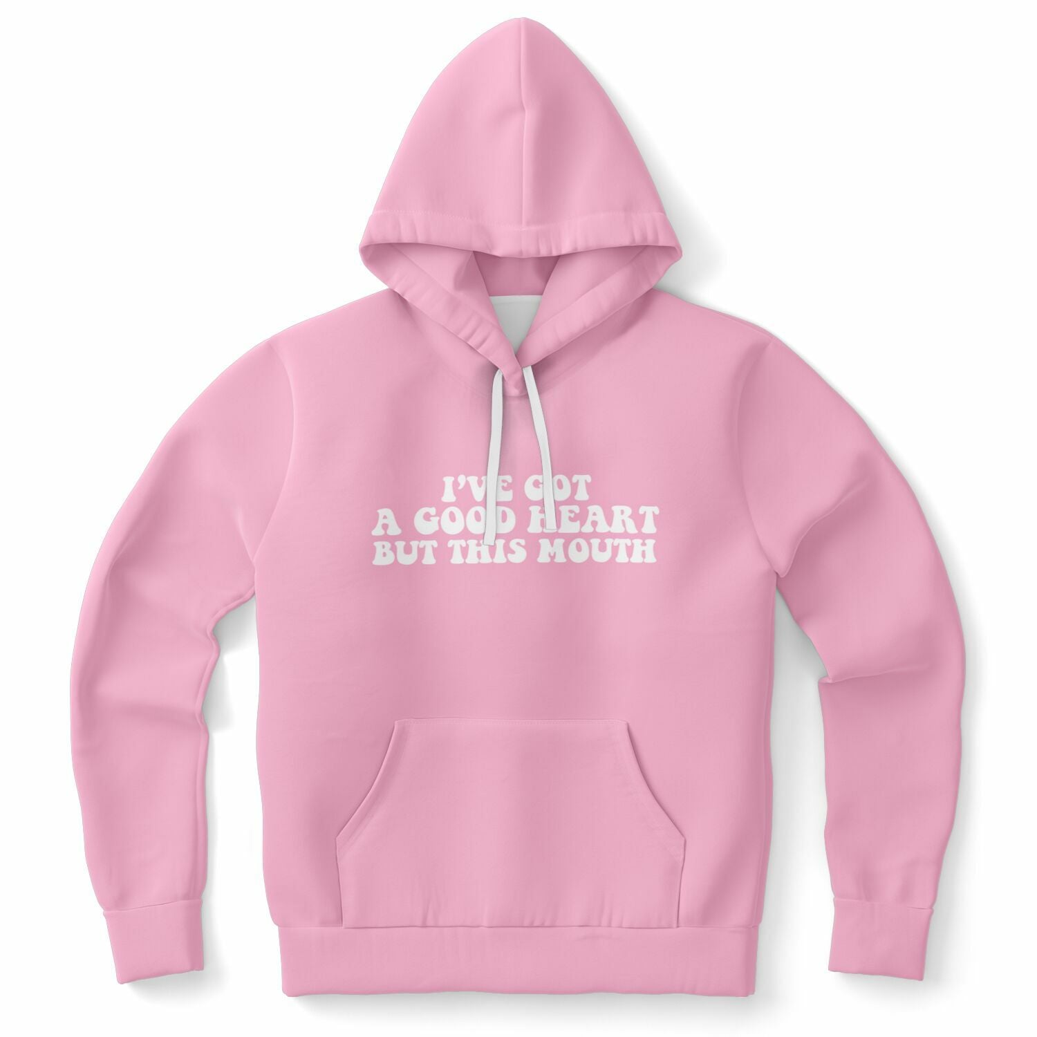 Pink hoodie with chunky white letters reading “I’ve Got A Good Heart But This Mouth” — chaotic cutie vibes from CollegeWares.