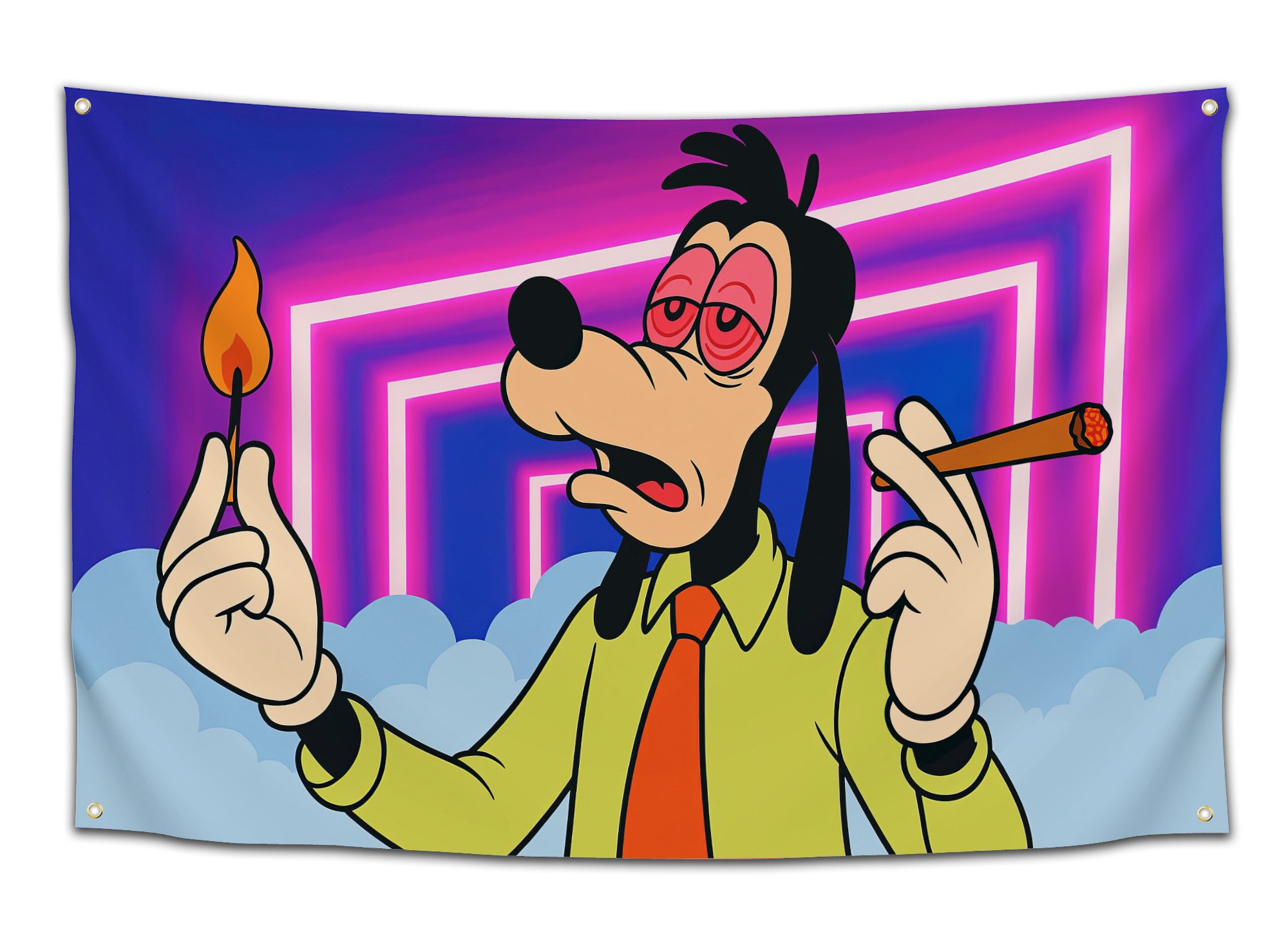 Funny flag with a cartoon dog character holding a blunt and match, eyes red, in front of neon pink and blue tunnel — trippy stoner dorm flag from CollegeWares.