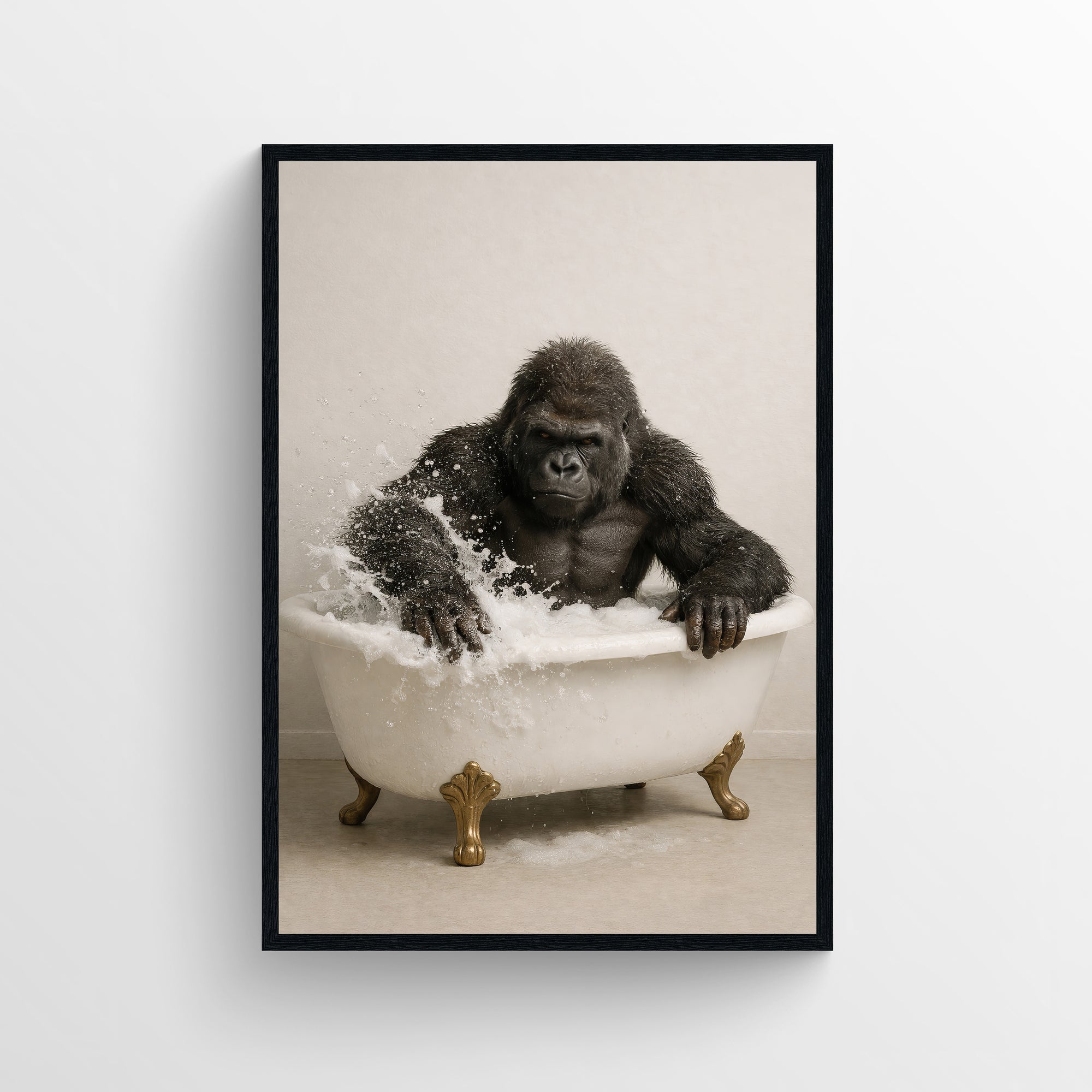 Photorealistic gorilla sitting in a white clawfoot bathtub in a minimalist bathroom — funny bathroom poster with modern wall art style for apartments, dorms, and guest bathrooms at CollegeWares.