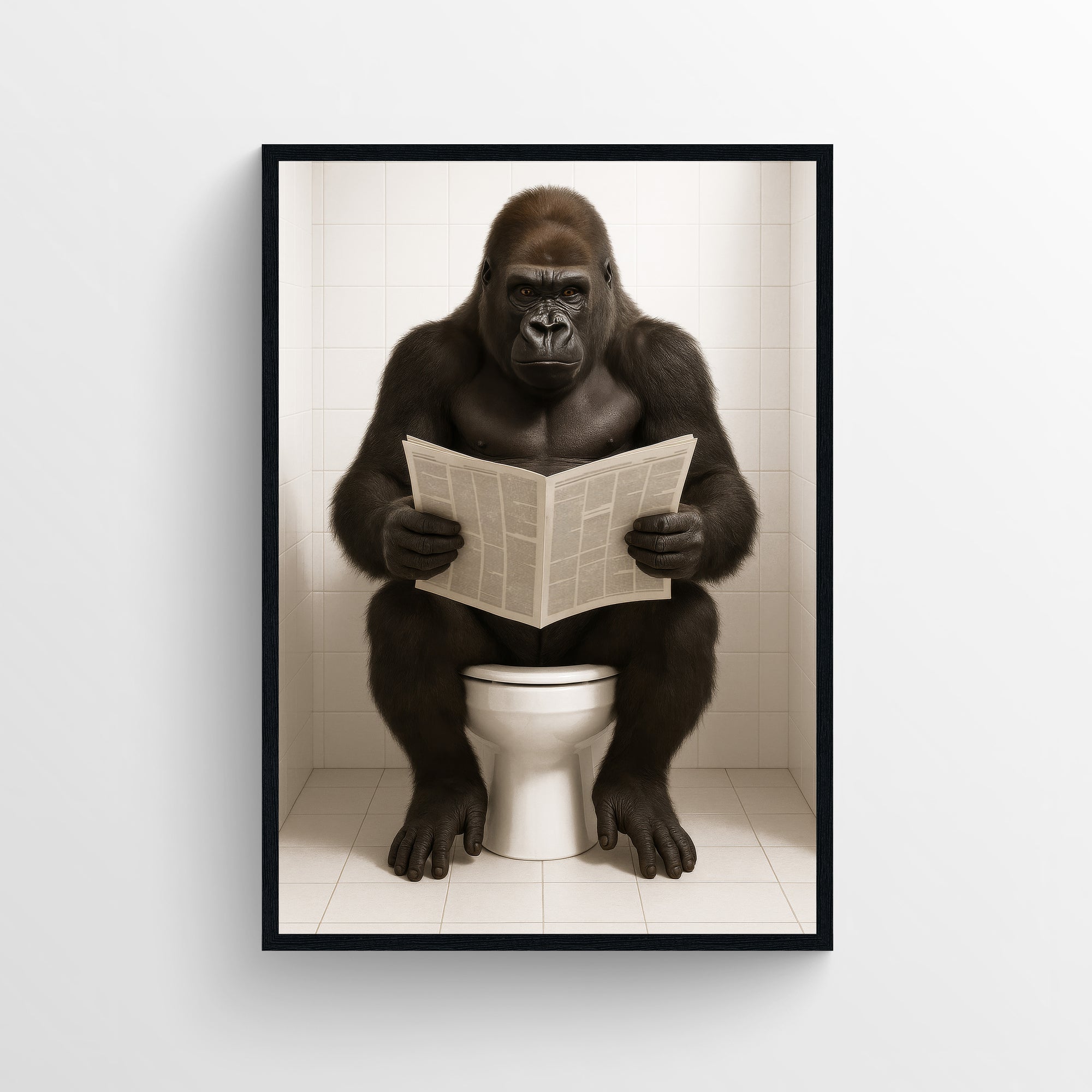 Photorealistic gorilla sitting on a toilet reading a newspaper in a minimalist bathroom — funny bathroom poster with modern wall art style for apartments, dorms, and guest bathrooms by CollegeWares.