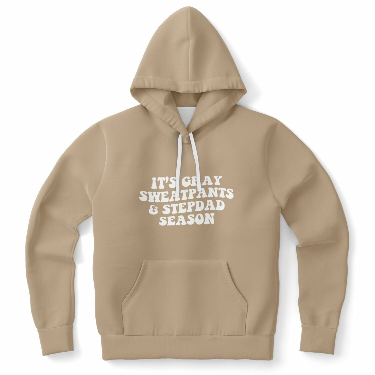 Brown hoodie with bold front text saying “It’s Gray Sweatpants & Stepdad Season” — playful fall flirt vibes from CollegeWares.