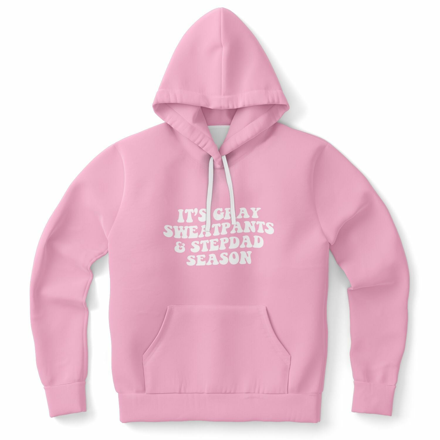 Pink hoodie with white bubble text reading “It’s Gray Sweatpants & Stepdad Season” — cheeky thirst-trap energy from CollegeWares.