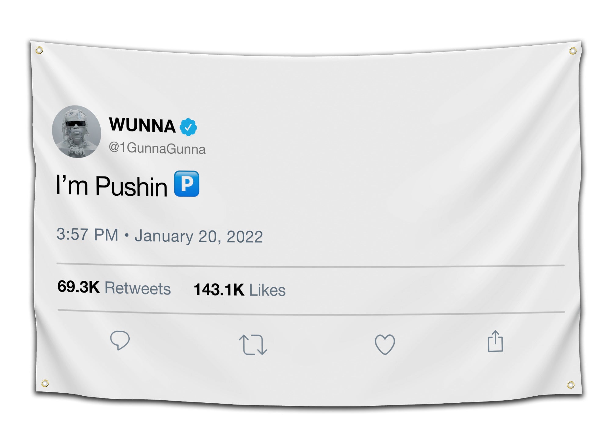 Funny Twitter-style flag with Gunna’s “I’m Pushin P” tweet – viral meme flag from CollegeWares.